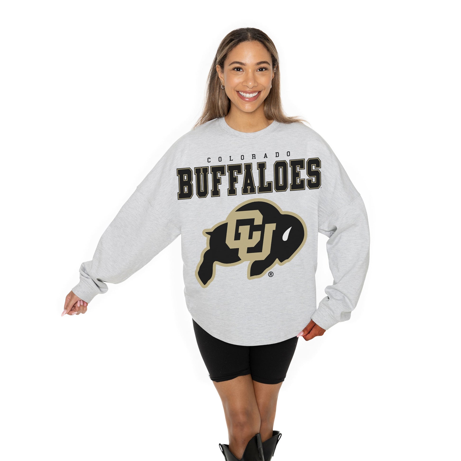 COLORADO BUFFALOES BIG GOALS RELAXED FIT HEATHERED LONG SLEEVE FRENCH TERRY PULLOVER WITH RIBBED CUFF AND NECKLINE DETAIL