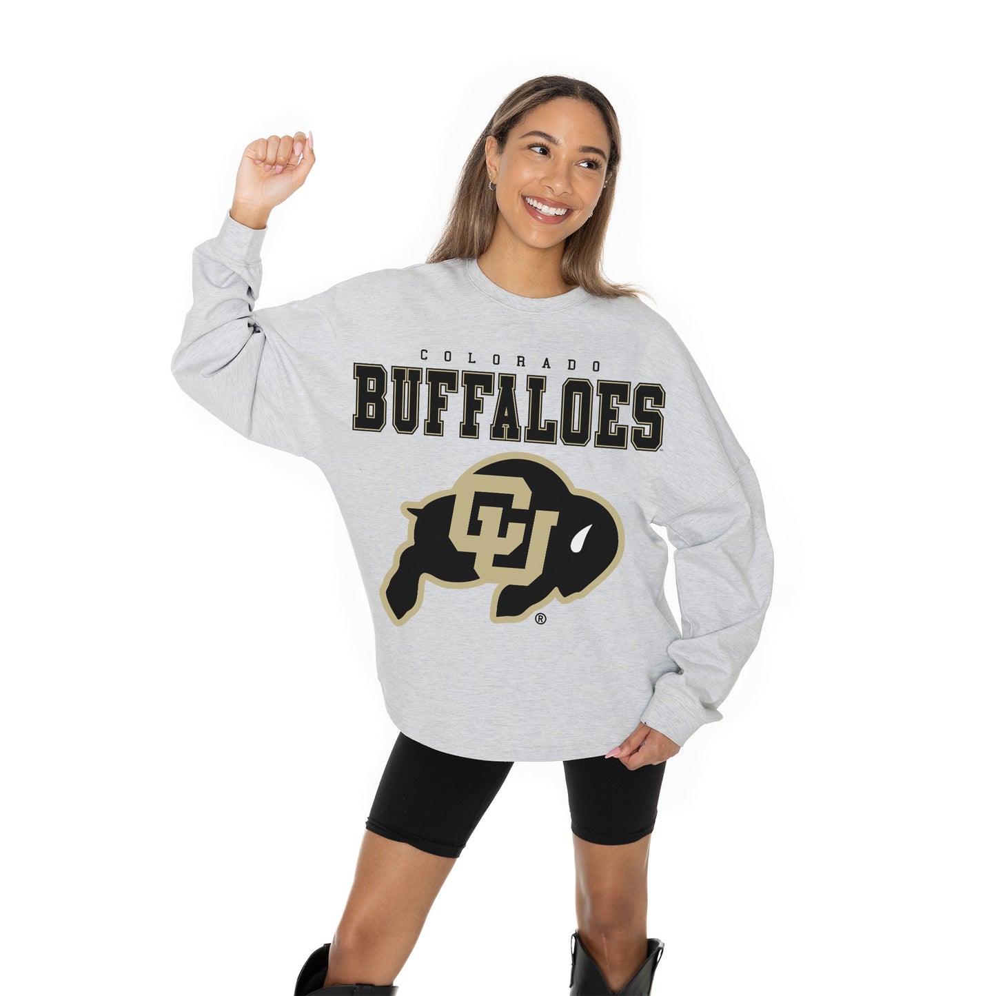 COLORADO BUFFALOES BIG GOALS RELAXED FIT HEATHERED LONG SLEEVE FRENCH TERRY PULLOVER WITH RIBBED CUFF AND NECKLINE DETAIL