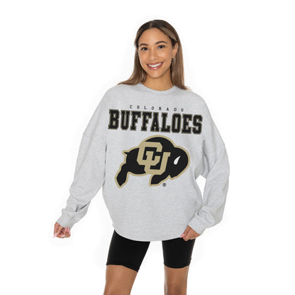 COLORADO BUFFALOES BIG GOALS RELAXED FIT HEATHERED LONG SLEEVE FRENCH TERRY PULLOVER WITH RIBBED CUFF AND NECKLINE DETAIL