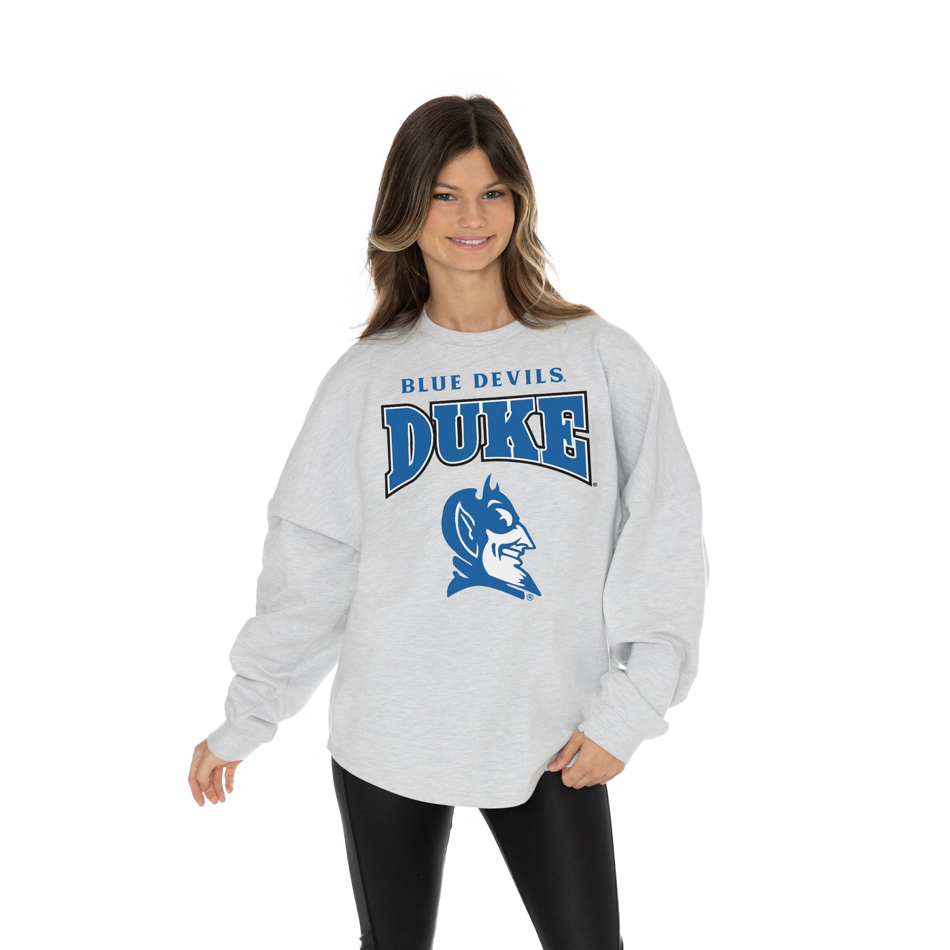 DUKE BLUE DEVILS FIGHTING SPIRIT RELAXED FIT HEATHERED LONG SLEEVE FRENCH TERRY PULLOVER WITH RIBBED CUFF AND NECKLINE DETAIL