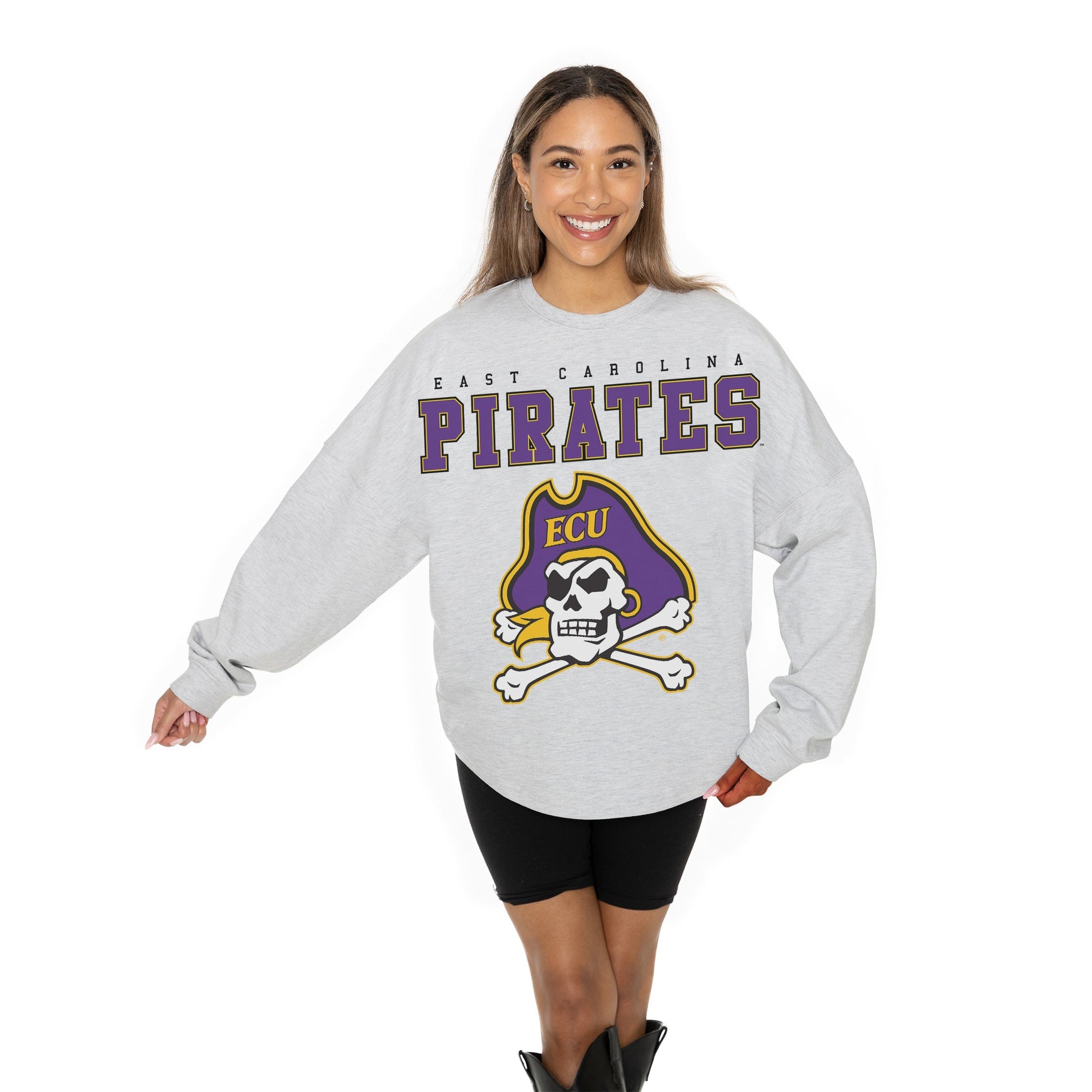 EAST CAROLINA PIRATES BIG GOALS RELAXED FIT HEATHERED LONG SLEEVE FRENCH TERRY PULLOVER WITH RIBBED CUFF AND NECKLINE DETAIL