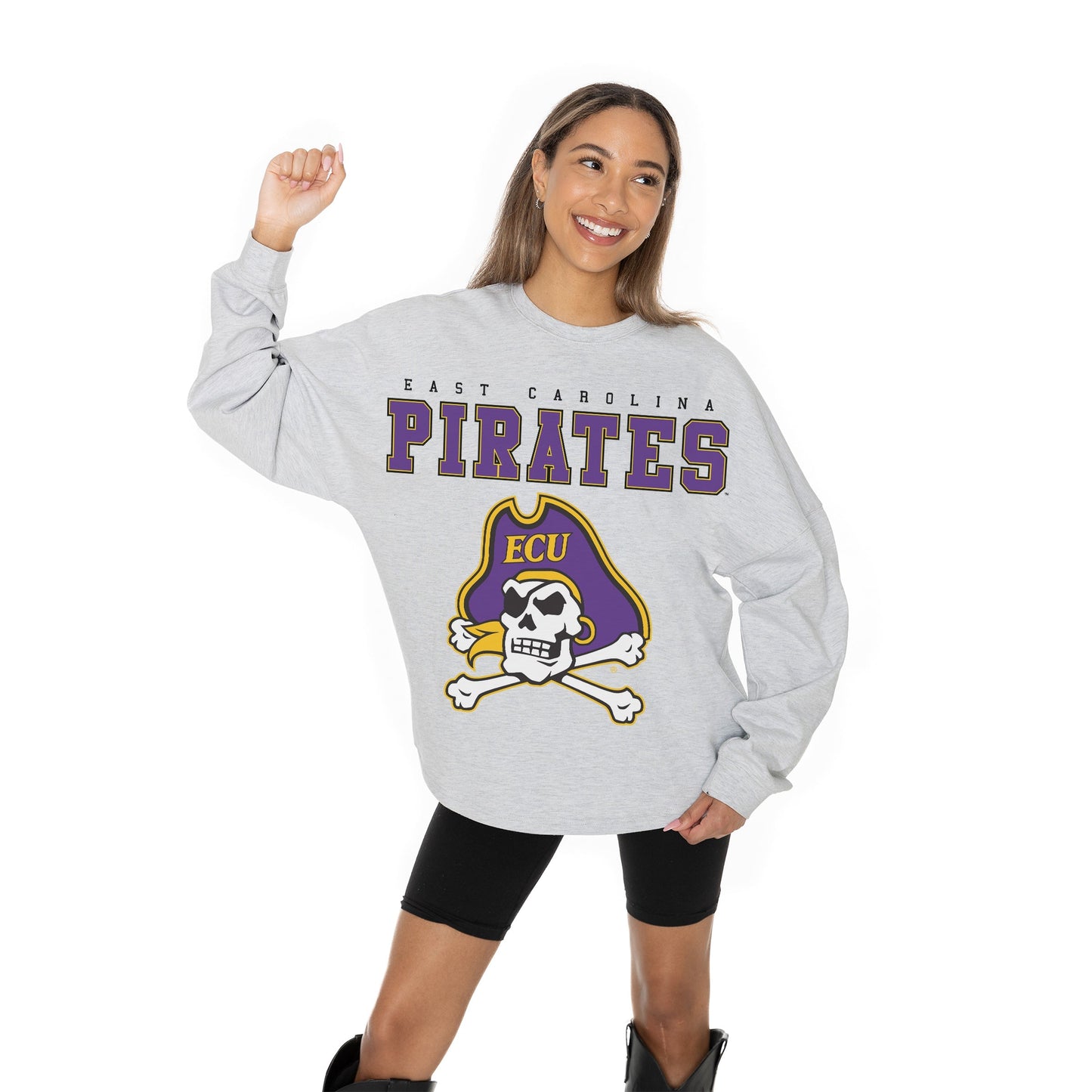 EAST CAROLINA PIRATES BIG GOALS RELAXED FIT HEATHERED LONG SLEEVE FRENCH TERRY PULLOVER WITH RIBBED CUFF AND NECKLINE DETAIL