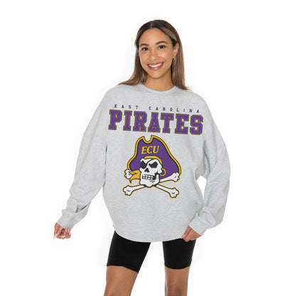 EAST CAROLINA PIRATES BIG GOALS RELAXED FIT HEATHERED LONG SLEEVE FRENCH TERRY PULLOVER WITH RIBBED CUFF AND NECKLINE DETAIL