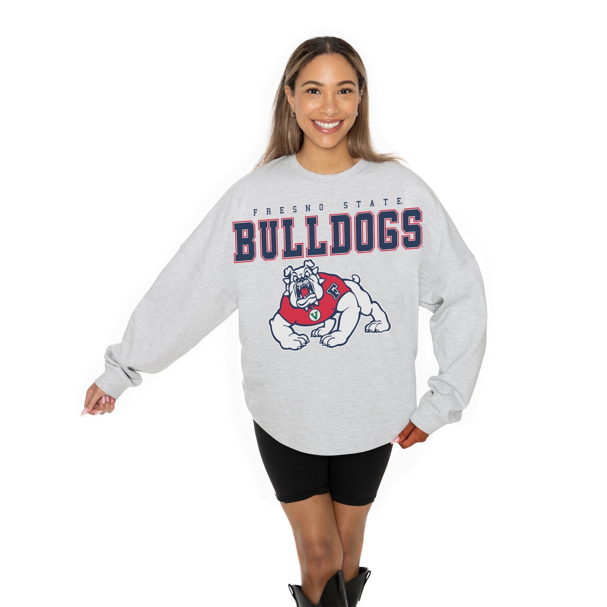FRESNO STATE BULLDOGS BIG GOALS RELAXED FIT HEATHERED LONG SLEEVE FRENCH TERRY PULLOVER WITH RIBBED CUFF AND NECKLINE DETAIL