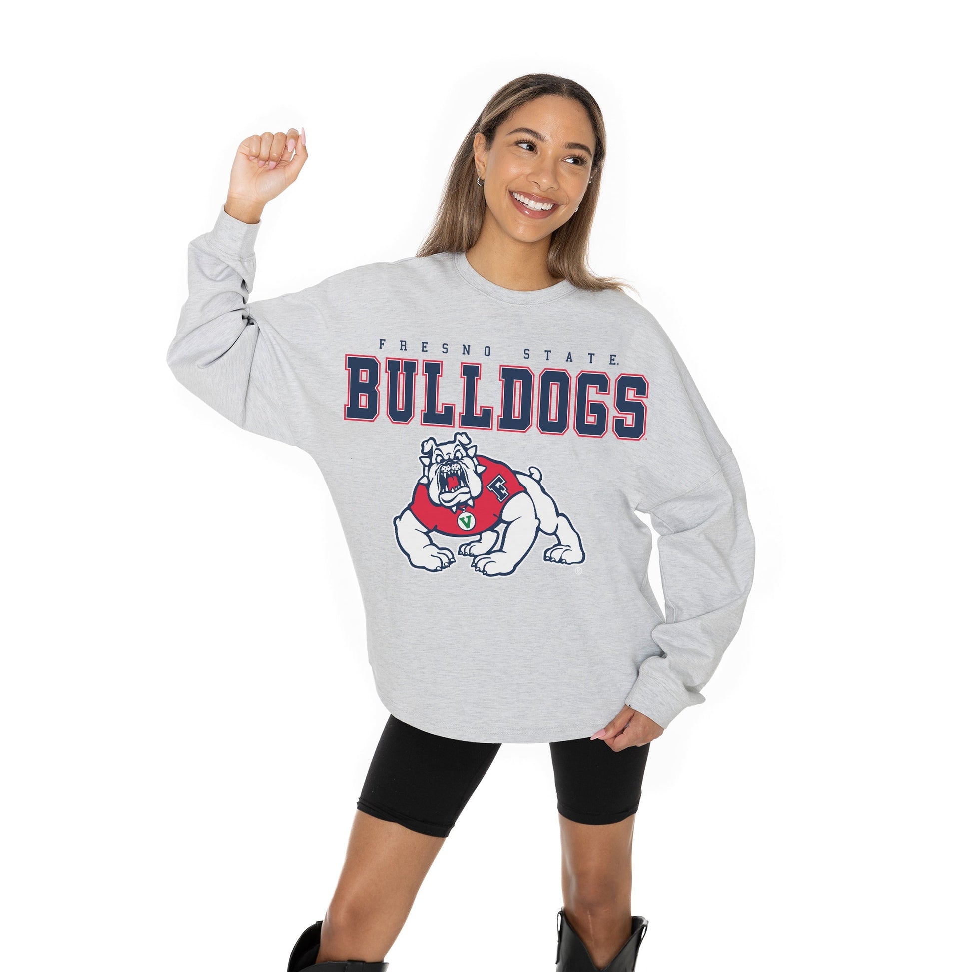 FRESNO STATE BULLDOGS BIG GOALS RELAXED FIT HEATHERED LONG SLEEVE FRENCH TERRY PULLOVER WITH RIBBED CUFF AND NECKLINE DETAIL