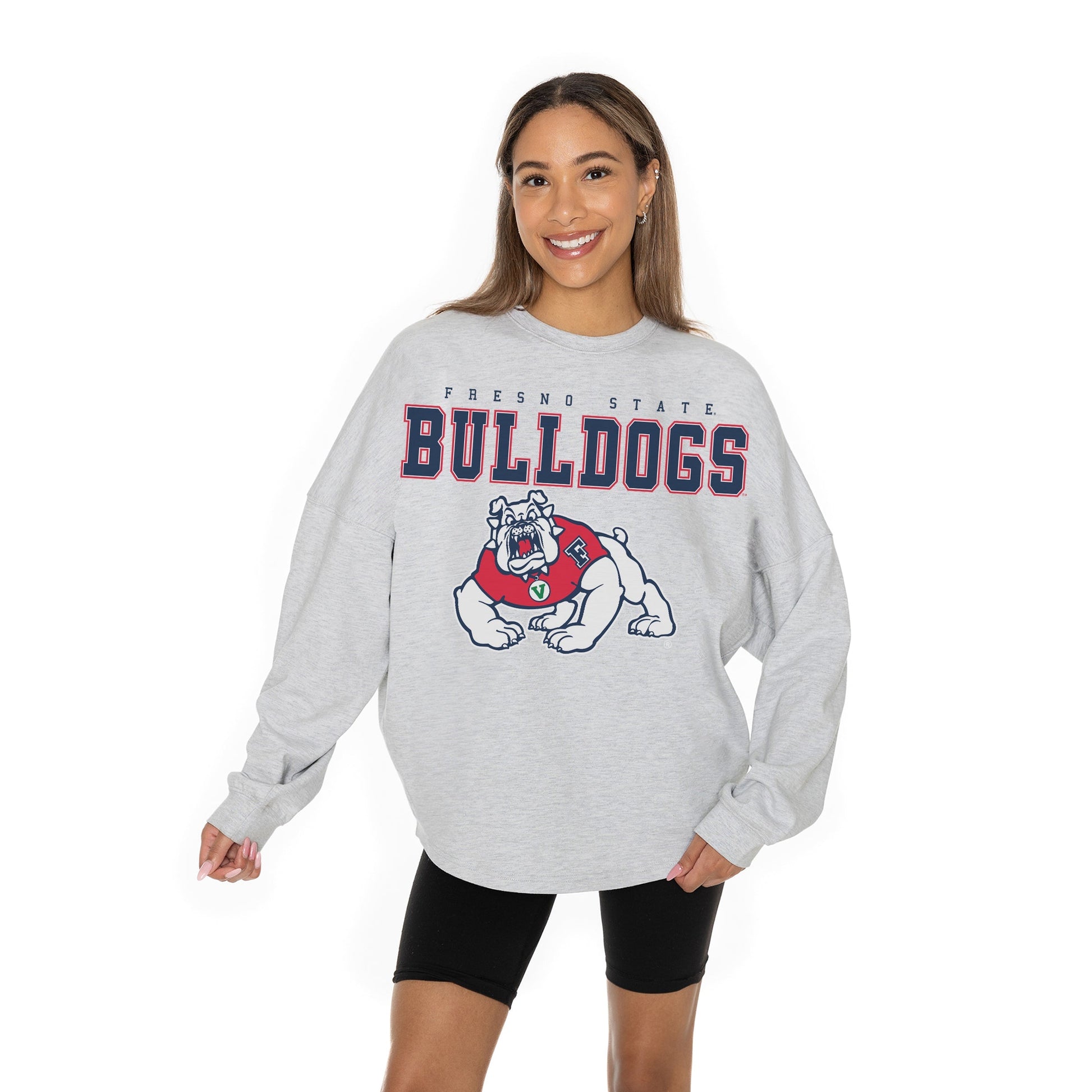 FRESNO STATE BULLDOGS BIG GOALS RELAXED FIT HEATHERED LONG SLEEVE FRENCH TERRY PULLOVER WITH RIBBED CUFF AND NECKLINE DETAIL