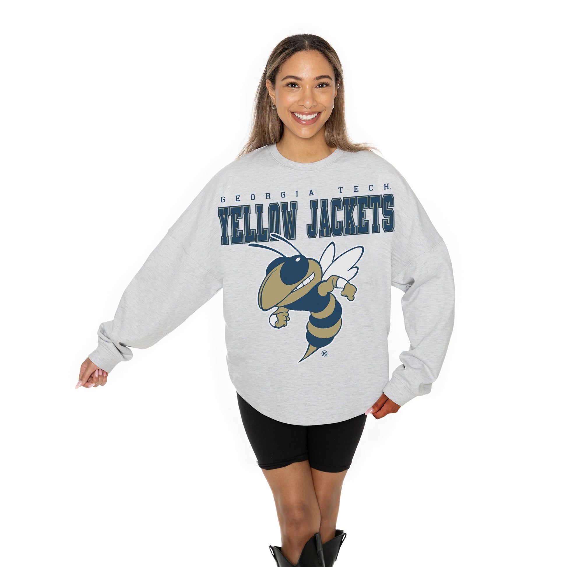 GEORGIA TECH YELLOW JACKETS BIG GOALS RELAXED FIT HEATHERED LONG SLEEVE FRENCH TERRY PULLOVER WITH RIBBED CUFF AND NECKLINE DETAIL