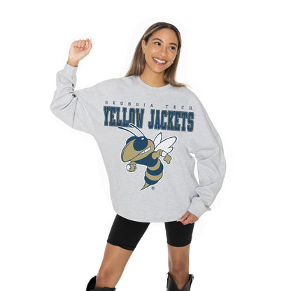 GEORGIA TECH YELLOW JACKETS BIG GOALS RELAXED FIT HEATHERED LONG SLEEVE FRENCH TERRY PULLOVER WITH RIBBED CUFF AND NECKLINE DETAIL