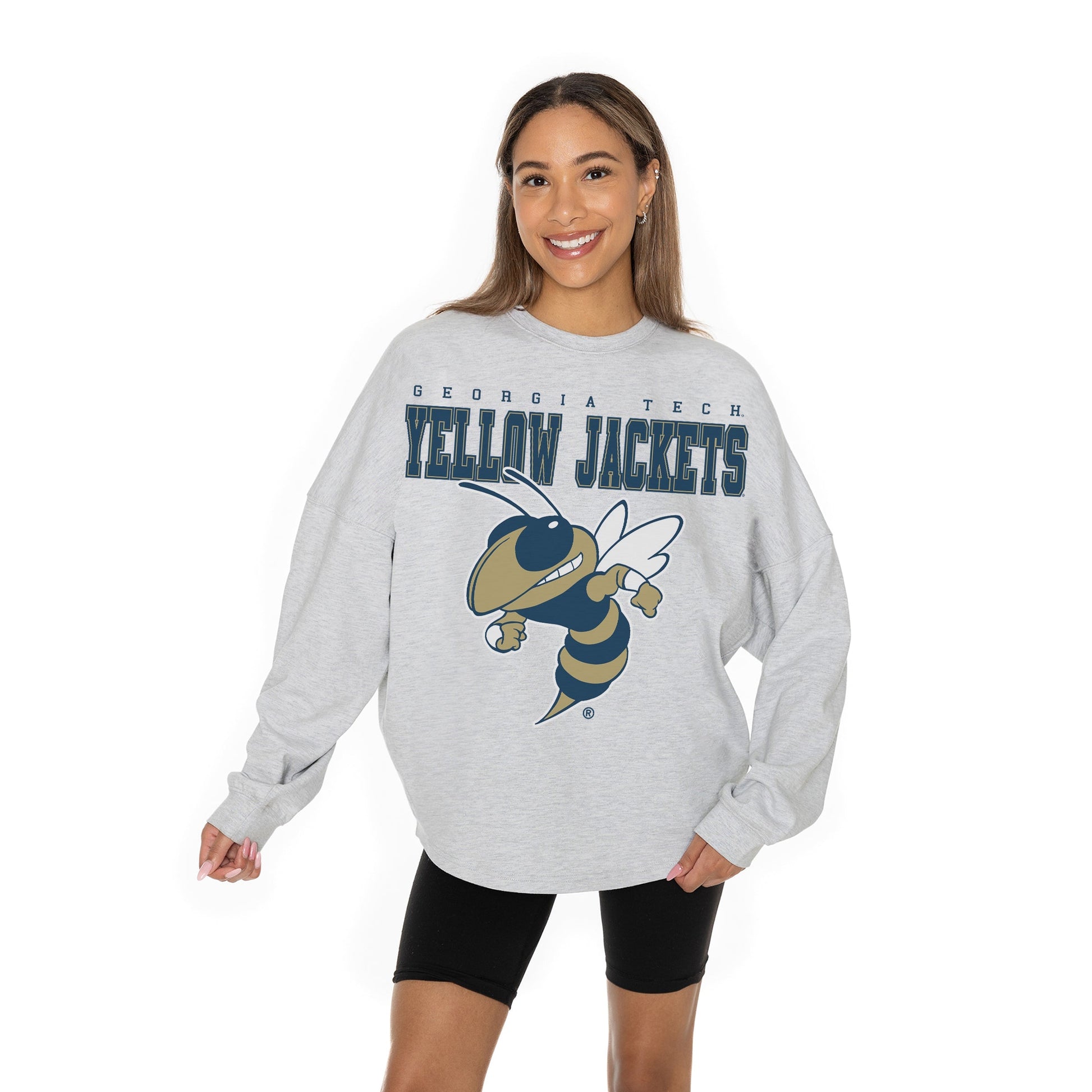 GEORGIA TECH YELLOW JACKETS BIG GOALS RELAXED FIT HEATHERED LONG SLEEVE FRENCH TERRY PULLOVER WITH RIBBED CUFF AND NECKLINE DETAIL