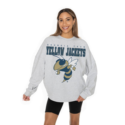 GEORGIA TECH YELLOW JACKETS BIG GOALS RELAXED FIT HEATHERED LONG SLEEVE FRENCH TERRY PULLOVER WITH RIBBED CUFF AND NECKLINE DETAIL