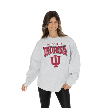 INDIANA HOOSIERS FIGHTING SPIRIT RELAXED FIT HEATHERED LONG SLEEVE FRENCH TERRY PULLOVER WITH RIBBED CUFF AND NECKLINE DETAIL