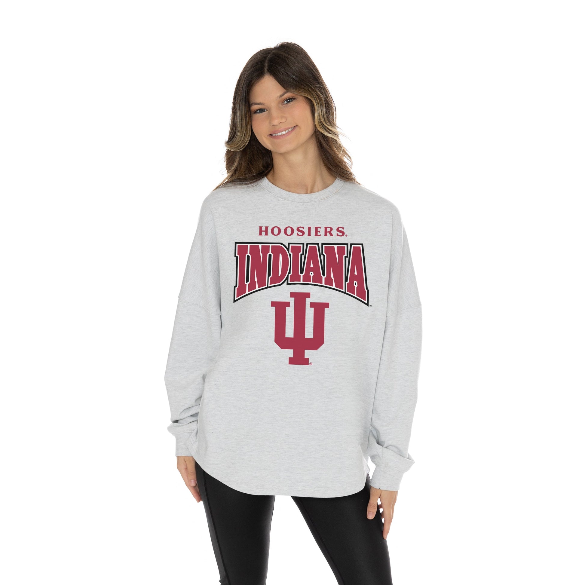INDIANA HOOSIERS FIGHTING SPIRIT RELAXED FIT HEATHERED LONG SLEEVE FRENCH TERRY PULLOVER WITH RIBBED CUFF AND NECKLINE DETAIL