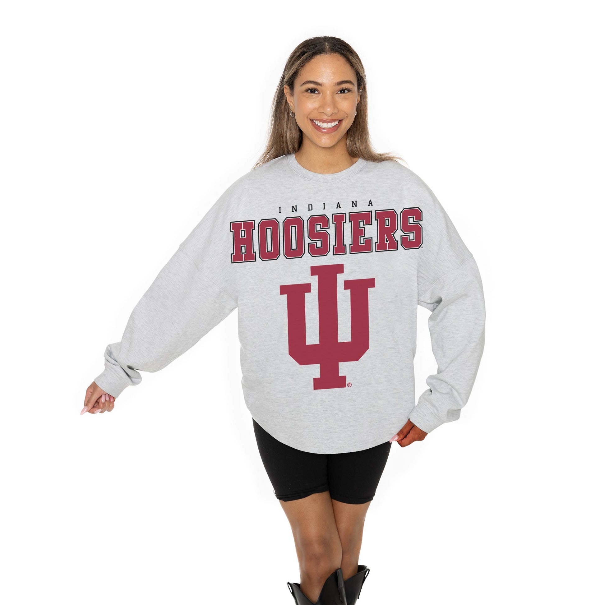 INDIANA HOOSIERS BIG GOALS RELAXED FIT HEATHERED LONG SLEEVE FRENCH TERRY PULLOVER WITH RIBBED CUFF AND NECKLINE DETAIL