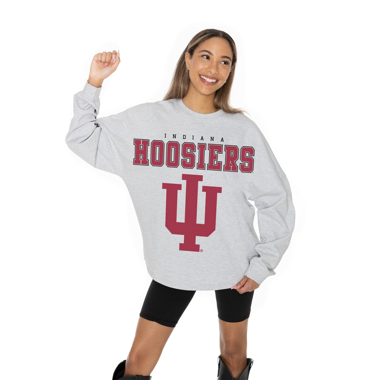 INDIANA HOOSIERS BIG GOALS RELAXED FIT HEATHERED LONG SLEEVE FRENCH TERRY PULLOVER WITH RIBBED CUFF AND NECKLINE DETAIL
