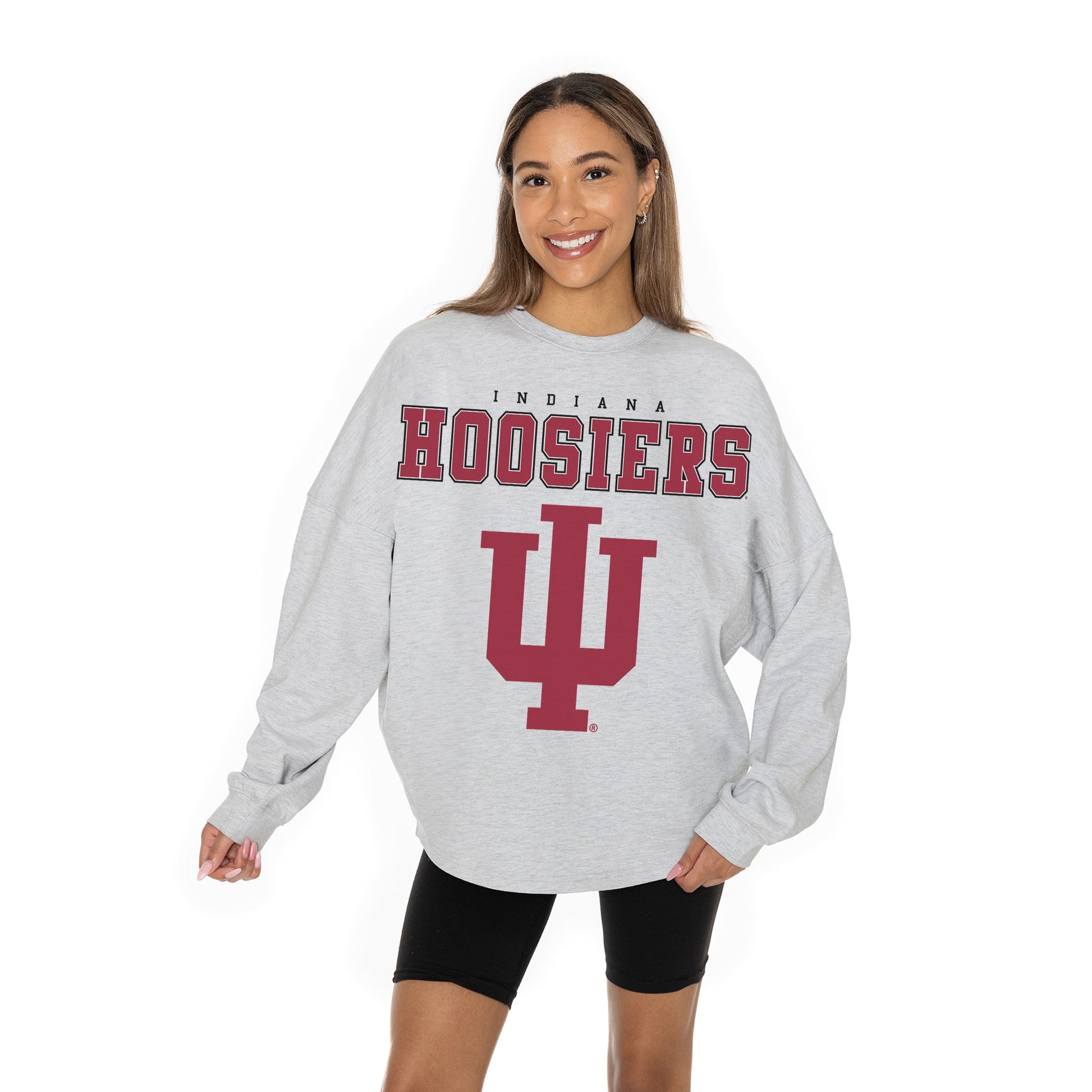 INDIANA HOOSIERS BIG GOALS RELAXED FIT HEATHERED LONG SLEEVE FRENCH TERRY PULLOVER WITH RIBBED CUFF AND NECKLINE DETAIL