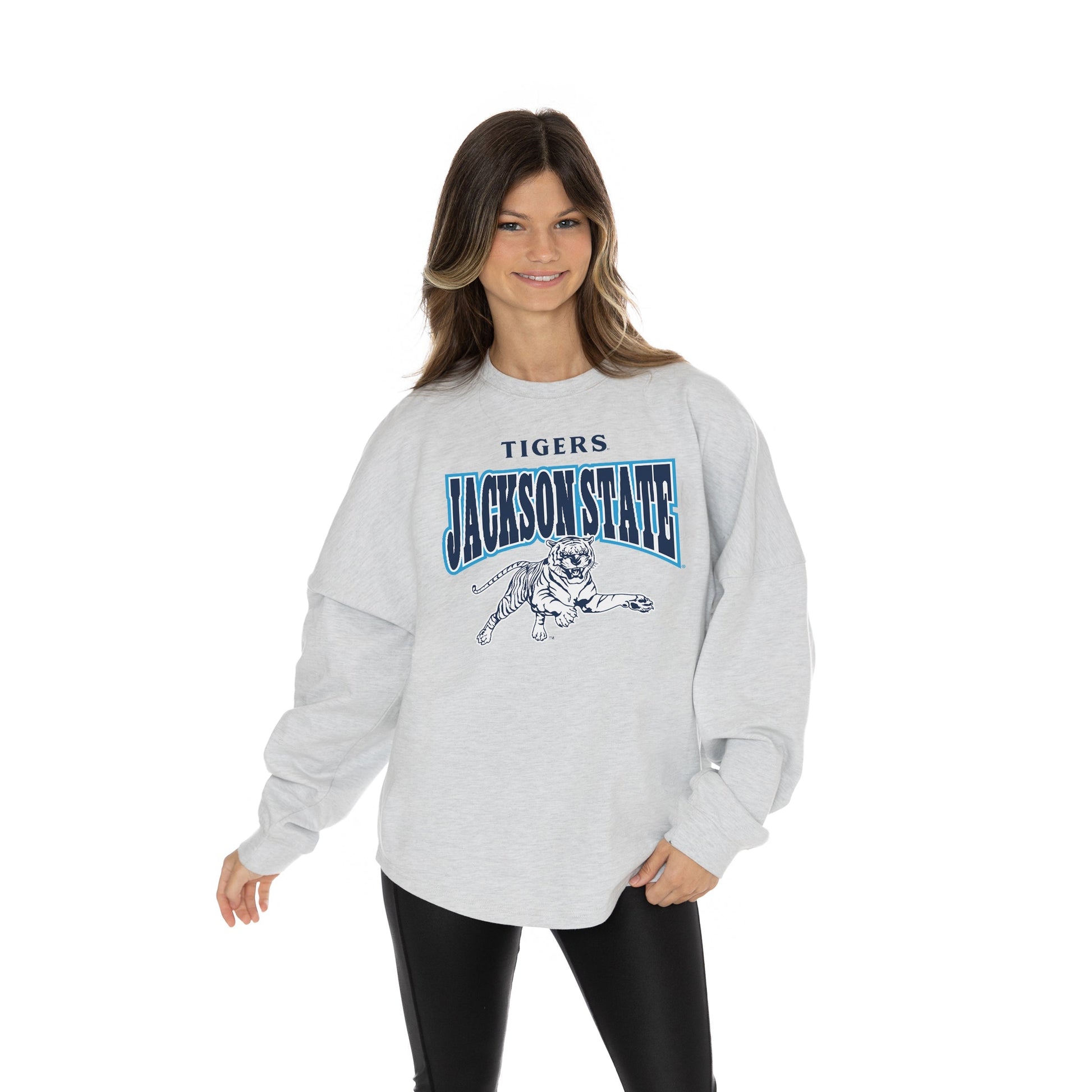JACKSON STATE TIGERS FIGHTING SPIRIT RELAXED FIT HEATHERED LONG SLEEVE FRENCH TERRY PULLOVER WITH RIBBED CUFF AND NECKLINE DETAIL
