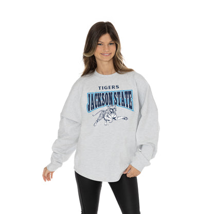 JACKSON STATE TIGERS FIGHTING SPIRIT RELAXED FIT HEATHERED LONG SLEEVE FRENCH TERRY PULLOVER WITH RIBBED CUFF AND NECKLINE DETAIL