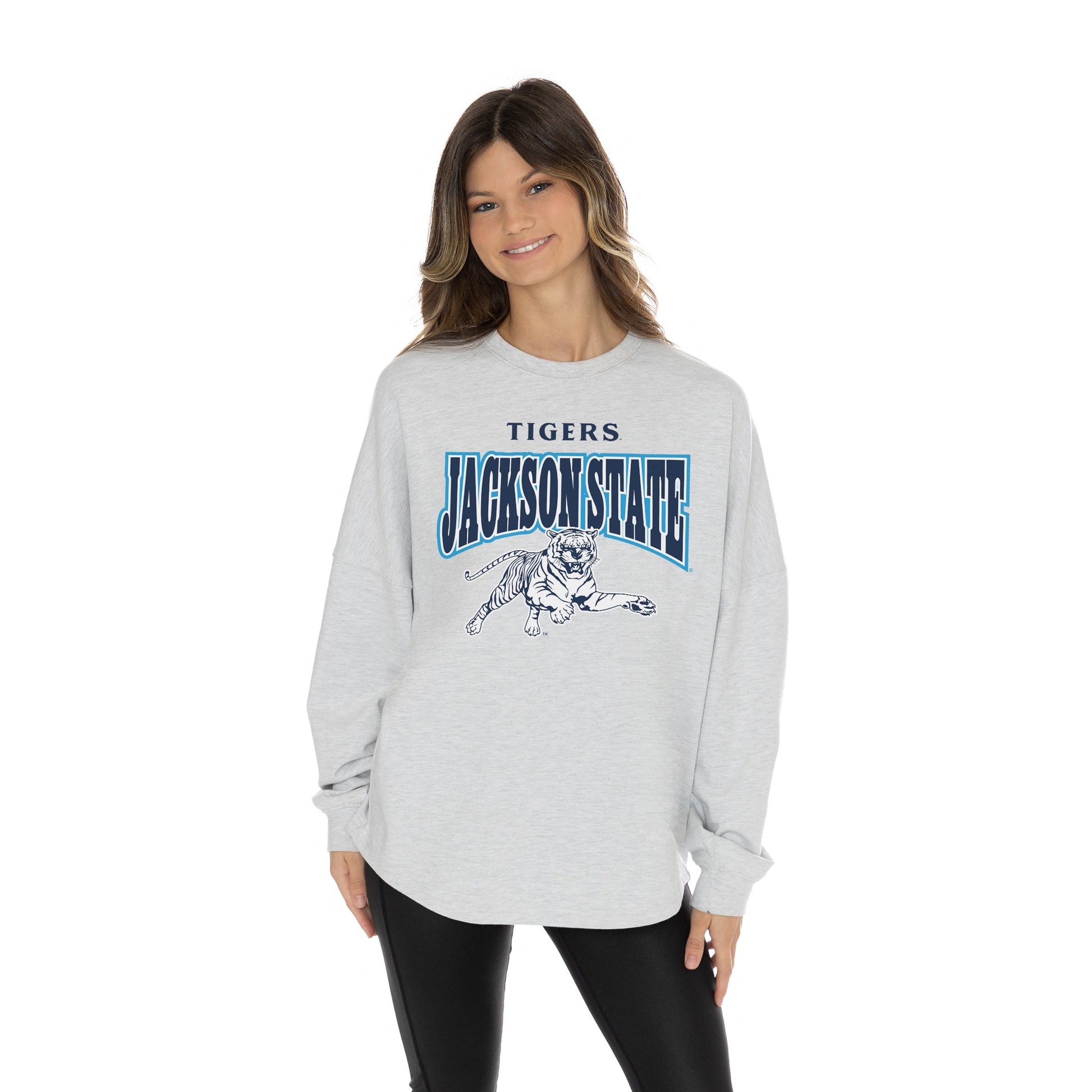 JACKSON STATE TIGERS FIGHTING SPIRIT RELAXED FIT HEATHERED LONG SLEEVE FRENCH TERRY PULLOVER WITH RIBBED CUFF AND NECKLINE DETAIL