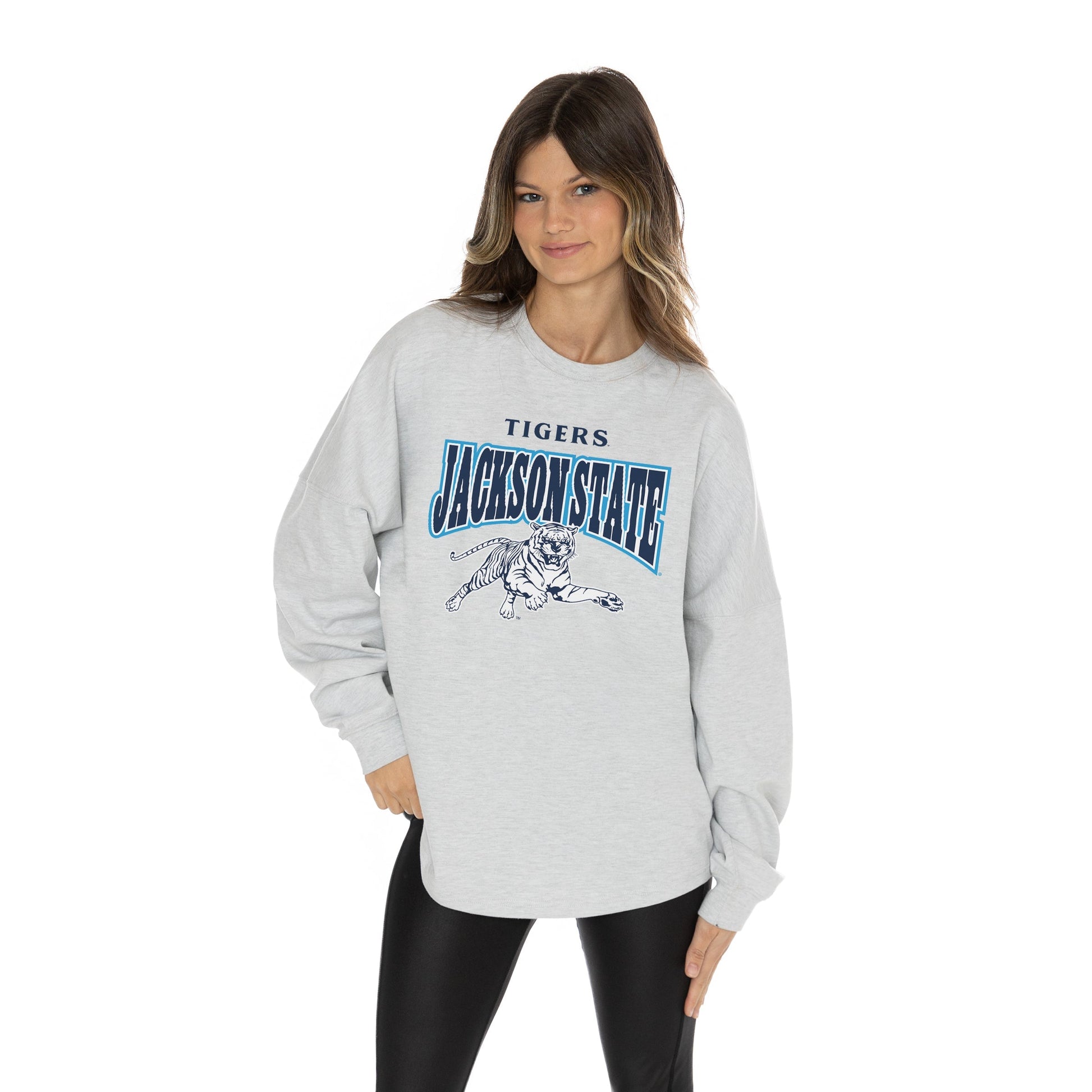 JACKSON STATE TIGERS FIGHTING SPIRIT RELAXED FIT HEATHERED LONG SLEEVE FRENCH TERRY PULLOVER WITH RIBBED CUFF AND NECKLINE DETAIL