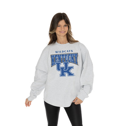 KENTUCKY WILDCATS FIGHTING SPIRIT RELAXED FIT HEATHERED LONG SLEEVE FRENCH TERRY PULLOVER WITH RIBBED CUFF AND NECKLINE DETAIL