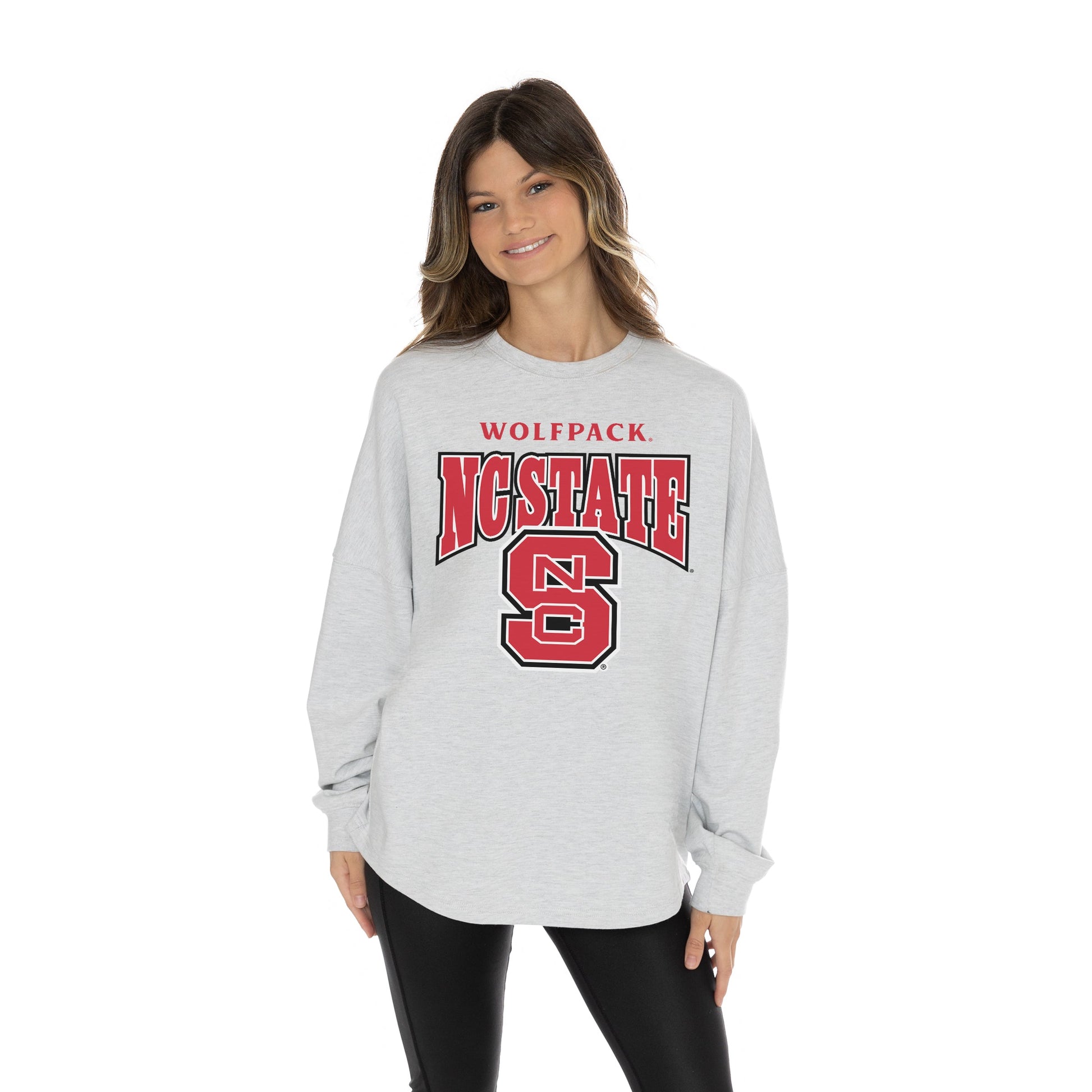 NORTH CAROLINA STATE WOLFPACK FIGHTING SPIRIT RELAXED FIT HEATHERED LONG SLEEVE FRENCH TERRY PULLOVER WITH RIBBED CUFF AND NECKLINE DETAIL