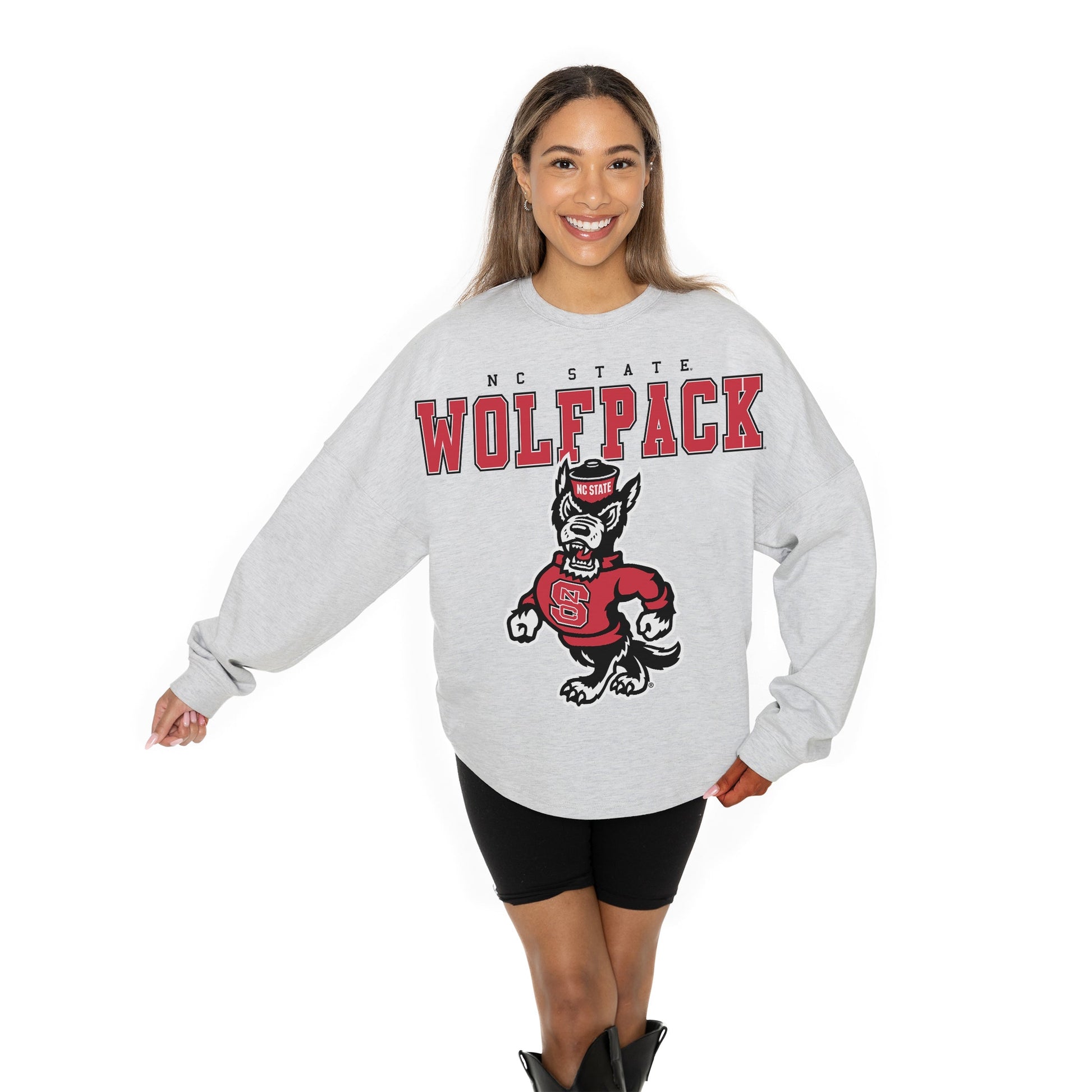 NORTH CAROLINA STATE WOLFPACK BIG GOALS RELAXED FIT HEATHERED LONG SLEEVE FRENCH TERRY PULLOVER WITH RIBBED CUFF AND NECKLINE DETAIL