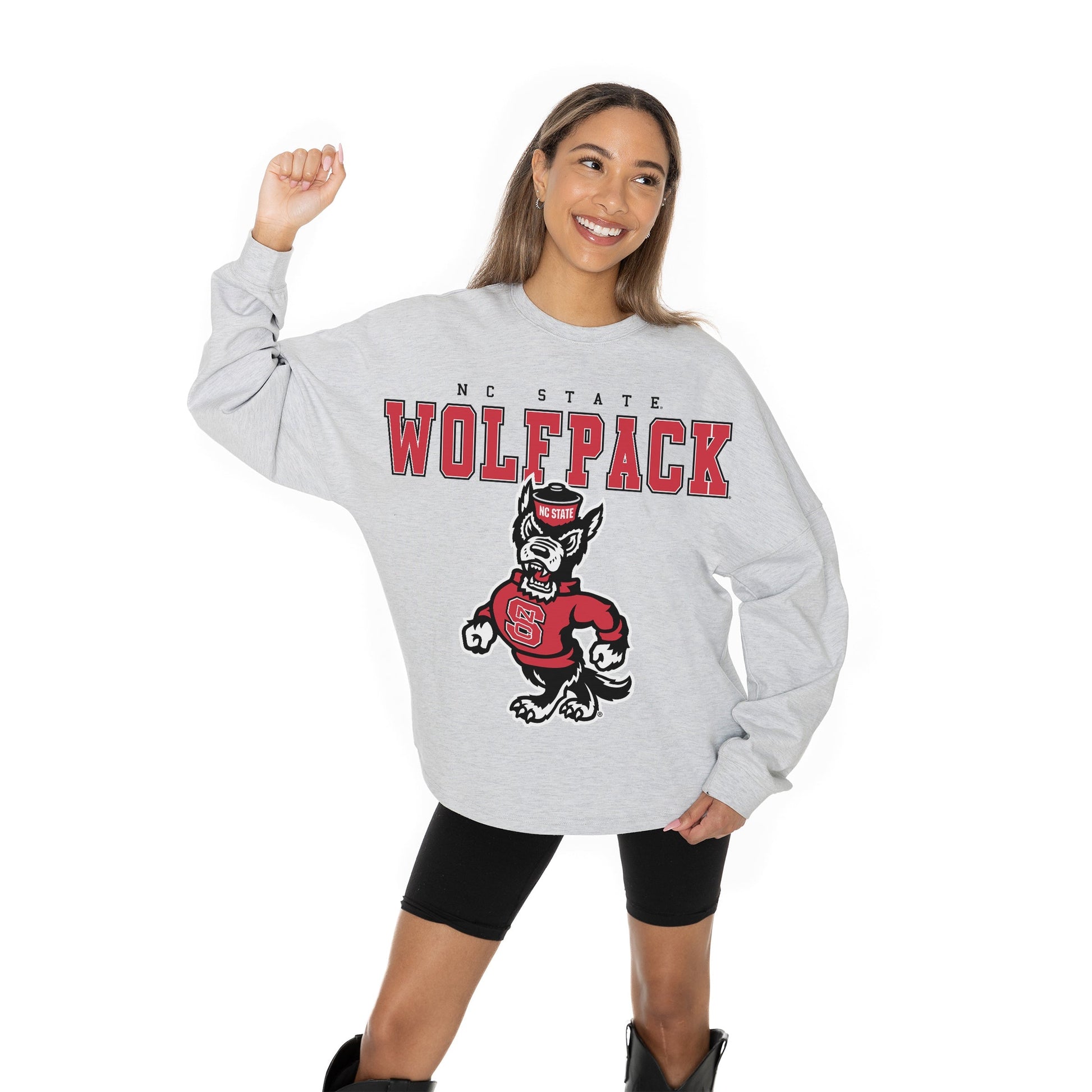 NORTH CAROLINA STATE WOLFPACK BIG GOALS RELAXED FIT HEATHERED LONG SLEEVE FRENCH TERRY PULLOVER WITH RIBBED CUFF AND NECKLINE DETAIL