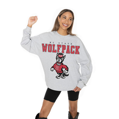 NORTH CAROLINA STATE WOLFPACK BIG GOALS RELAXED FIT HEATHERED LONG SLEEVE FRENCH TERRY PULLOVER WITH RIBBED CUFF AND NECKLINE DETAIL