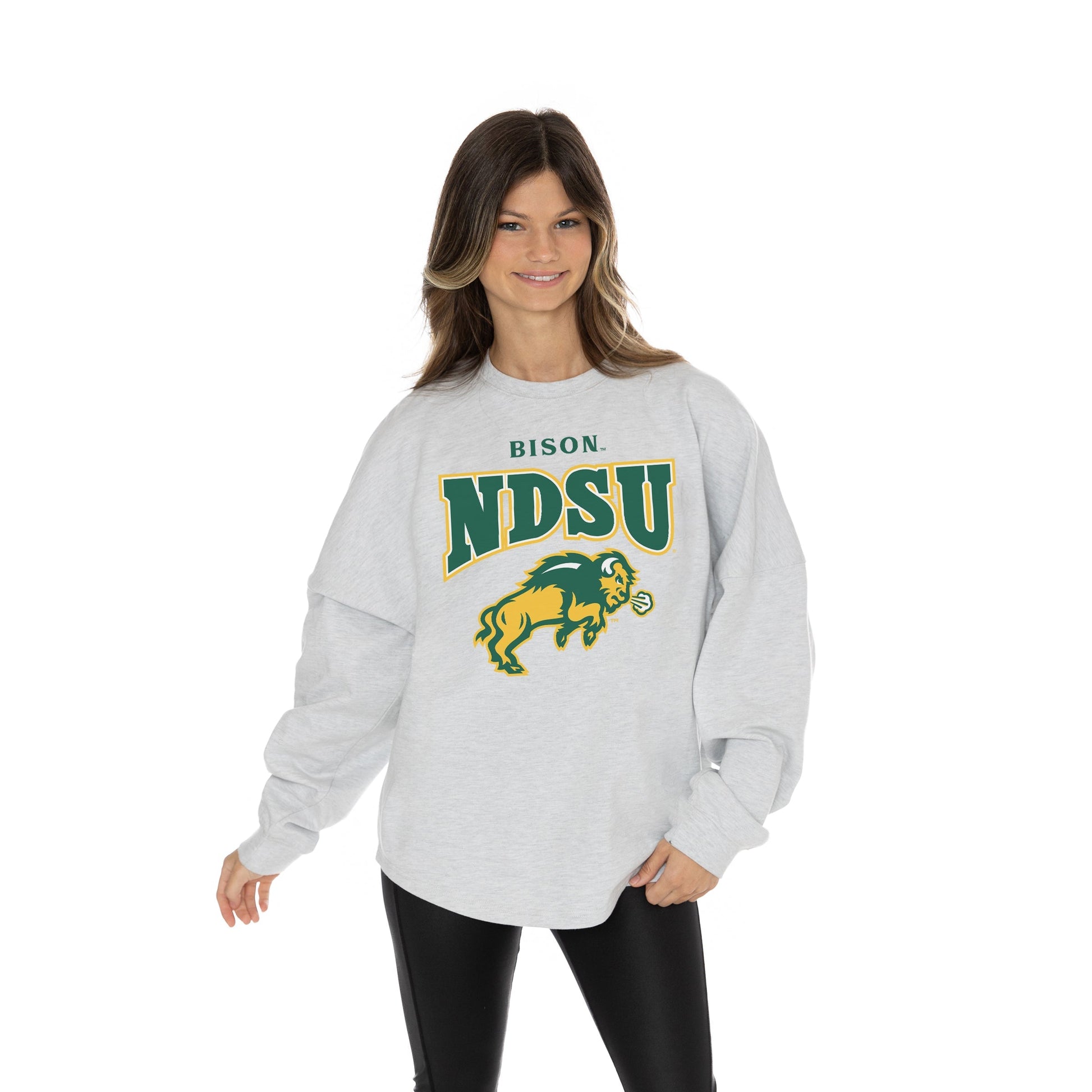 NORTH DAKOTA STATE BISON FIGHTING SPIRIT RELAXED FIT HEATHERED LONG SLEEVE FRENCH TERRY PULLOVER WITH RIBBED CUFF AND NECKLINE DETAIL