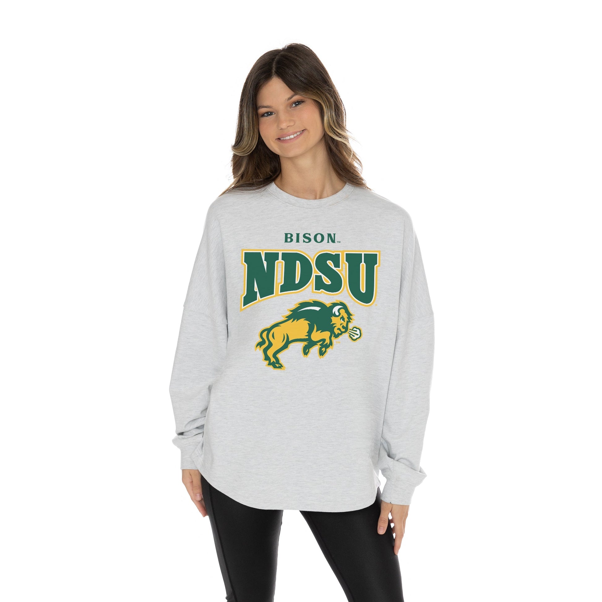NORTH DAKOTA STATE BISON FIGHTING SPIRIT RELAXED FIT HEATHERED LONG SLEEVE FRENCH TERRY PULLOVER WITH RIBBED CUFF AND NECKLINE DETAIL