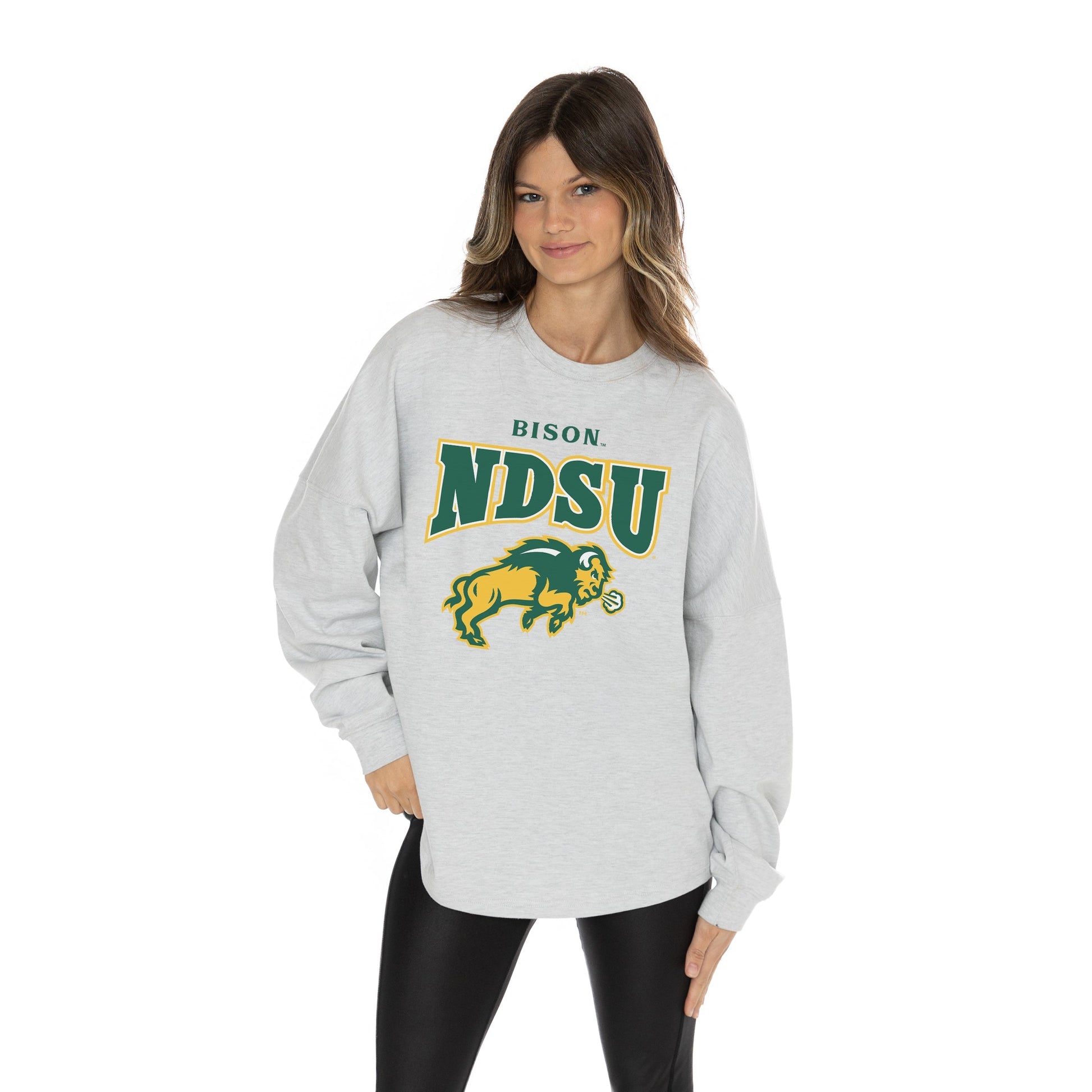 NORTH DAKOTA STATE BISON FIGHTING SPIRIT RELAXED FIT HEATHERED LONG SLEEVE FRENCH TERRY PULLOVER WITH RIBBED CUFF AND NECKLINE DETAIL