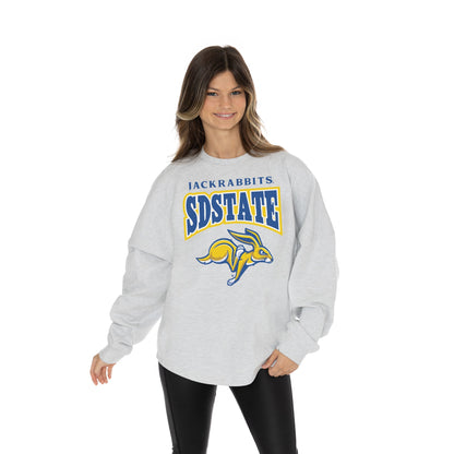SOUTH DAKOTA STATE JACKRABBITS FIGHTING SPIRIT RELAXED FIT HEATHERED LONG SLEEVE FRENCH TERRY PULLOVER WITH RIBBED CUFF AND NECKLINE DETAIL