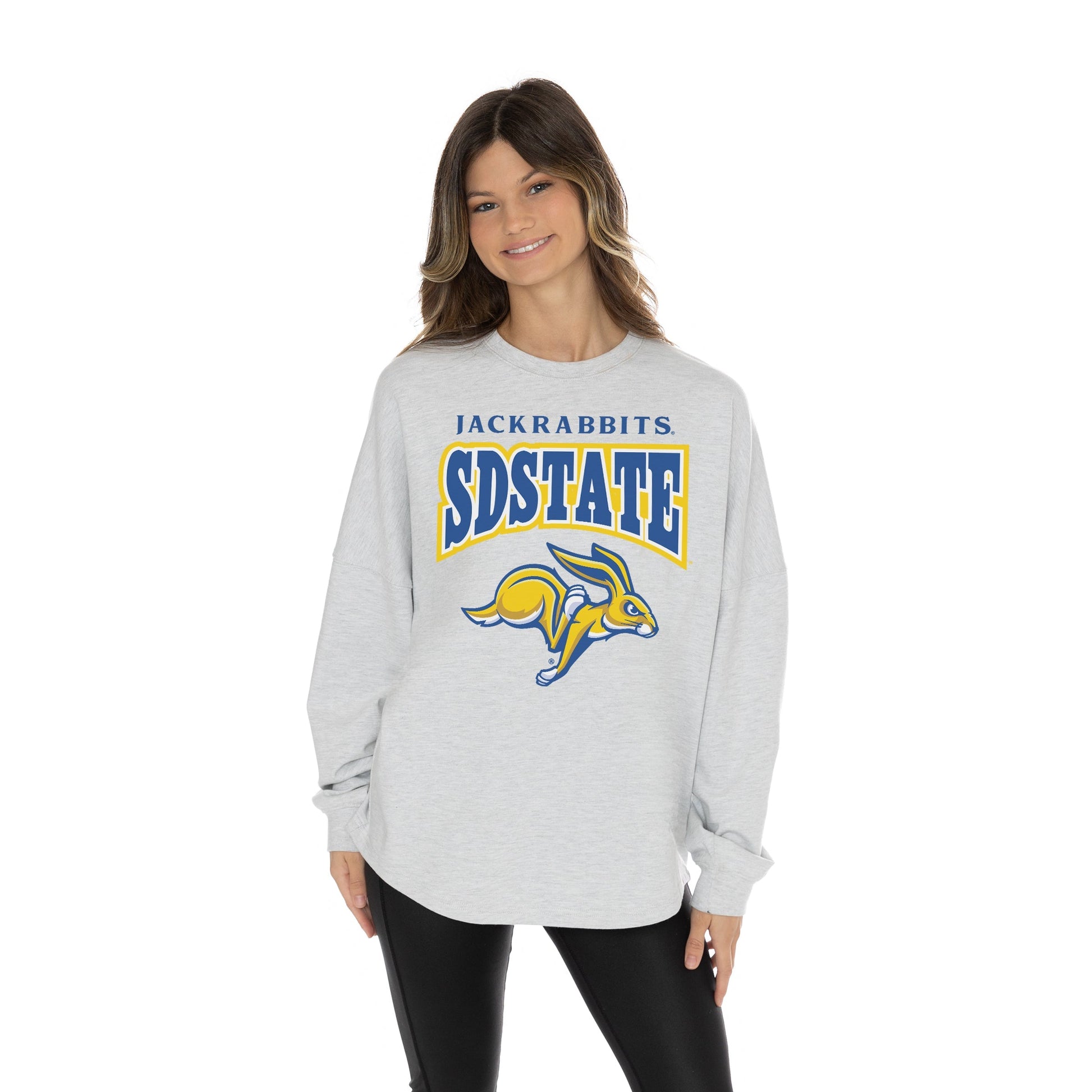 SOUTH DAKOTA STATE JACKRABBITS FIGHTING SPIRIT RELAXED FIT HEATHERED LONG SLEEVE FRENCH TERRY PULLOVER WITH RIBBED CUFF AND NECKLINE DETAIL