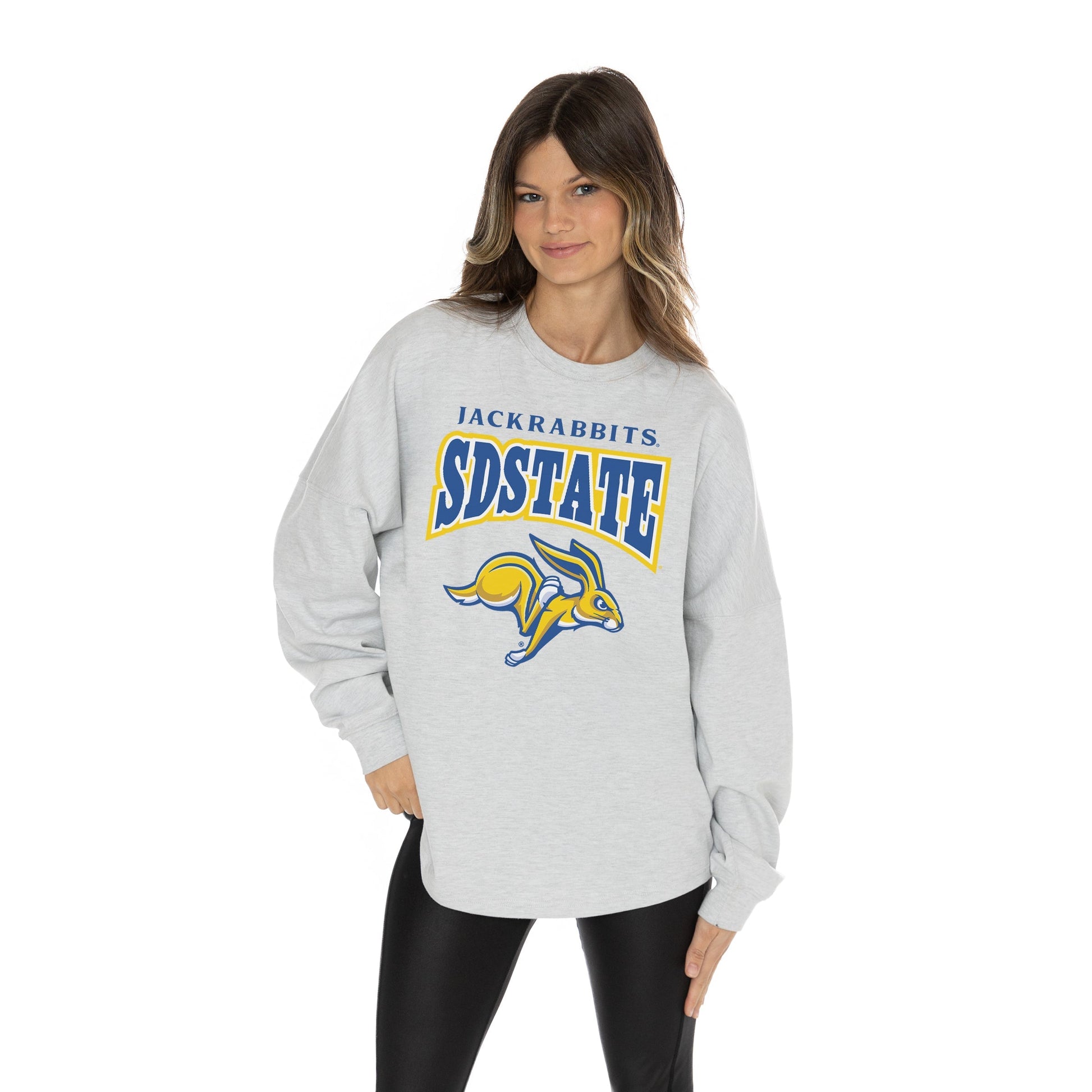 SOUTH DAKOTA STATE JACKRABBITS FIGHTING SPIRIT RELAXED FIT HEATHERED LONG SLEEVE FRENCH TERRY PULLOVER WITH RIBBED CUFF AND NECKLINE DETAIL
