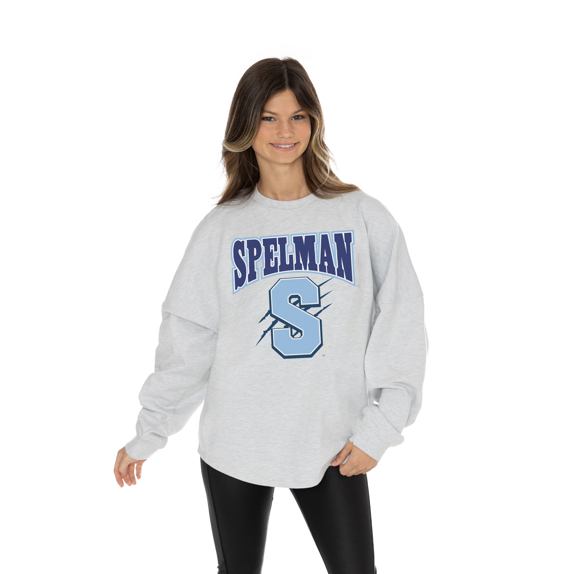 SPELMAN COLLEGE JAGUARS FIGHTING SPIRIT RELAXED FIT HEATHERED LONG SLEEVE FRENCH TERRY PULLOVER WITH RIBBED CUFF AND NECKLINE DETAIL