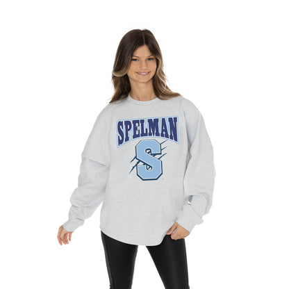 SPELMAN COLLEGE JAGUARS FIGHTING SPIRIT RELAXED FIT HEATHERED LONG SLEEVE FRENCH TERRY PULLOVER WITH RIBBED CUFF AND NECKLINE DETAIL