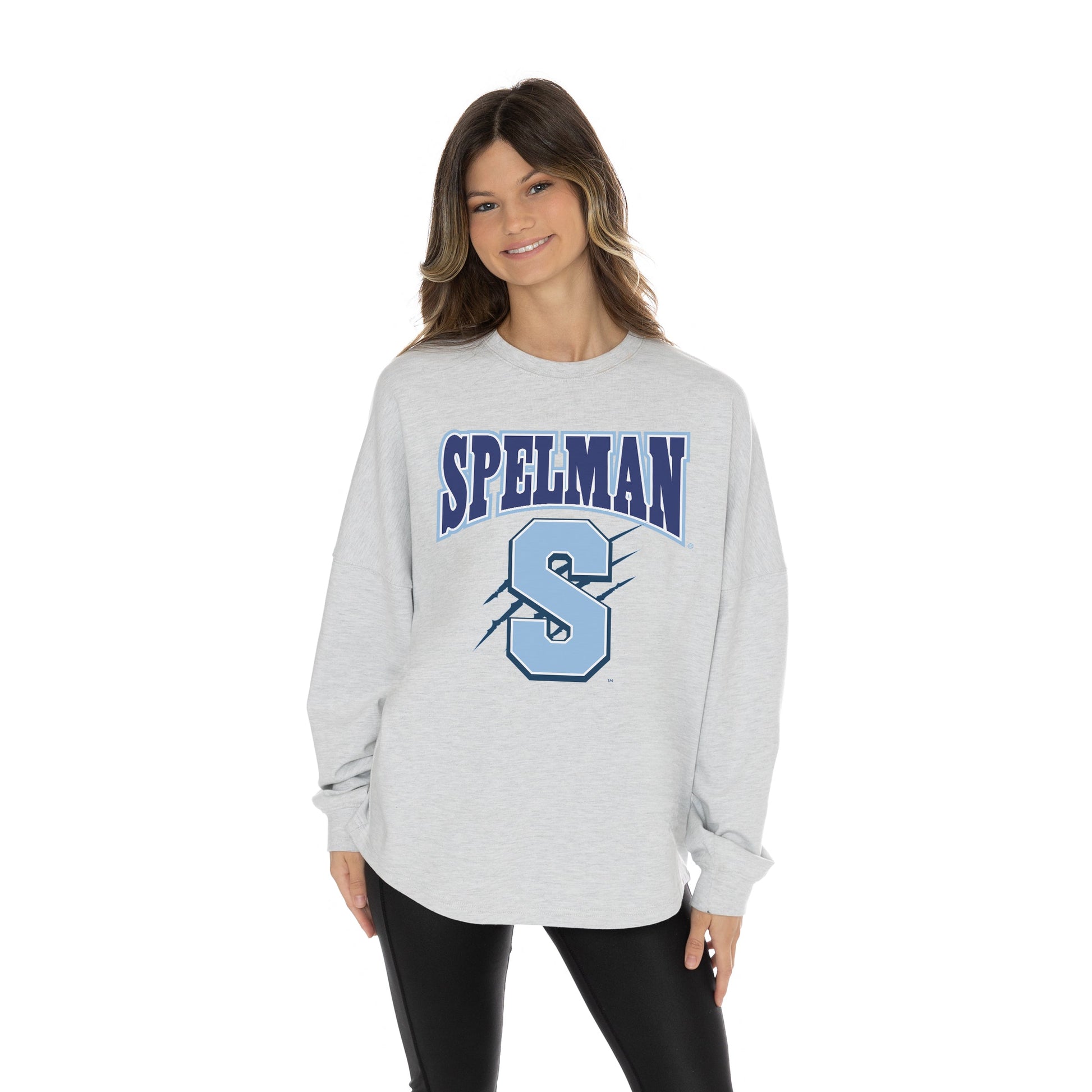 SPELMAN COLLEGE JAGUARS FIGHTING SPIRIT RELAXED FIT HEATHERED LONG SLEEVE FRENCH TERRY PULLOVER WITH RIBBED CUFF AND NECKLINE DETAIL