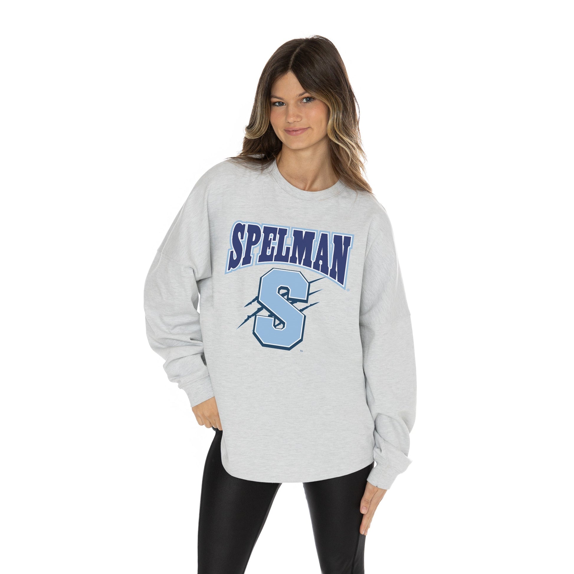 SPELMAN COLLEGE JAGUARS FIGHTING SPIRIT RELAXED FIT HEATHERED LONG SLEEVE FRENCH TERRY PULLOVER WITH RIBBED CUFF AND NECKLINE DETAIL
