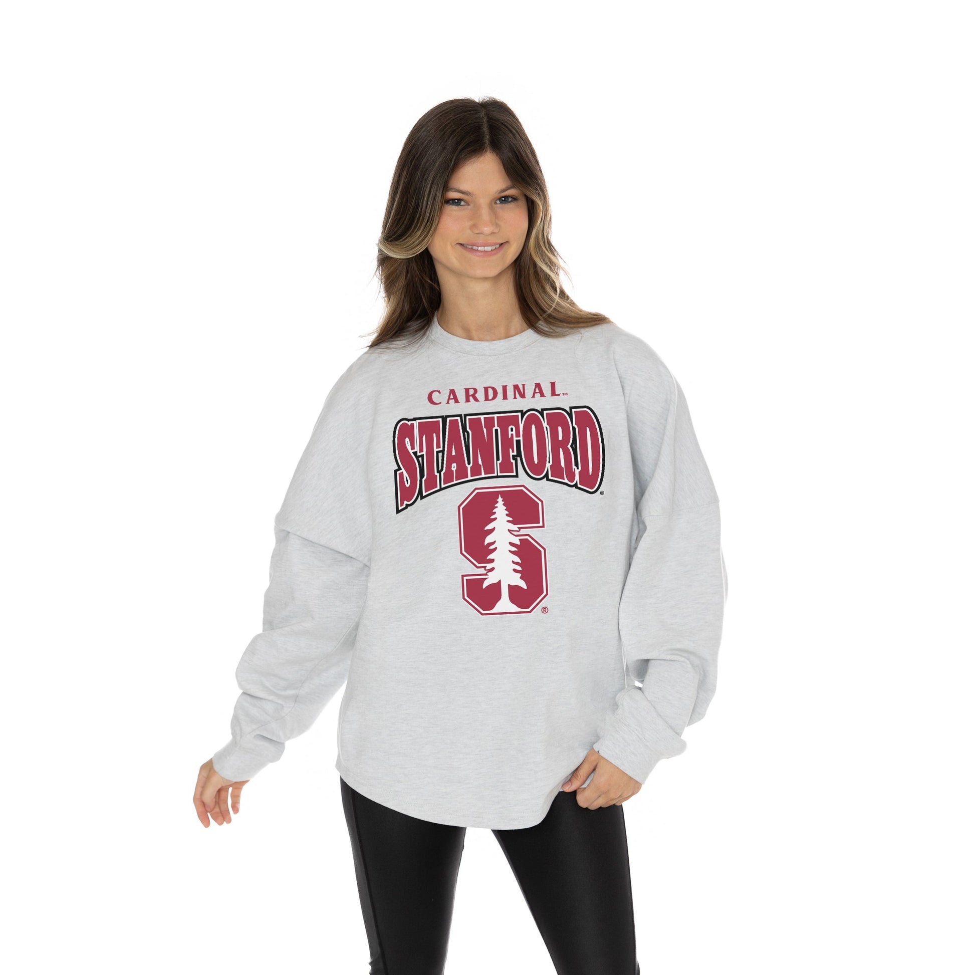 STANFORD CARDINAL FIGHTING SPIRIT RELAXED FIT HEATHERED LONG SLEEVE FRENCH TERRY PULLOVER WITH RIBBED CUFF AND NECKLINE DETAIL