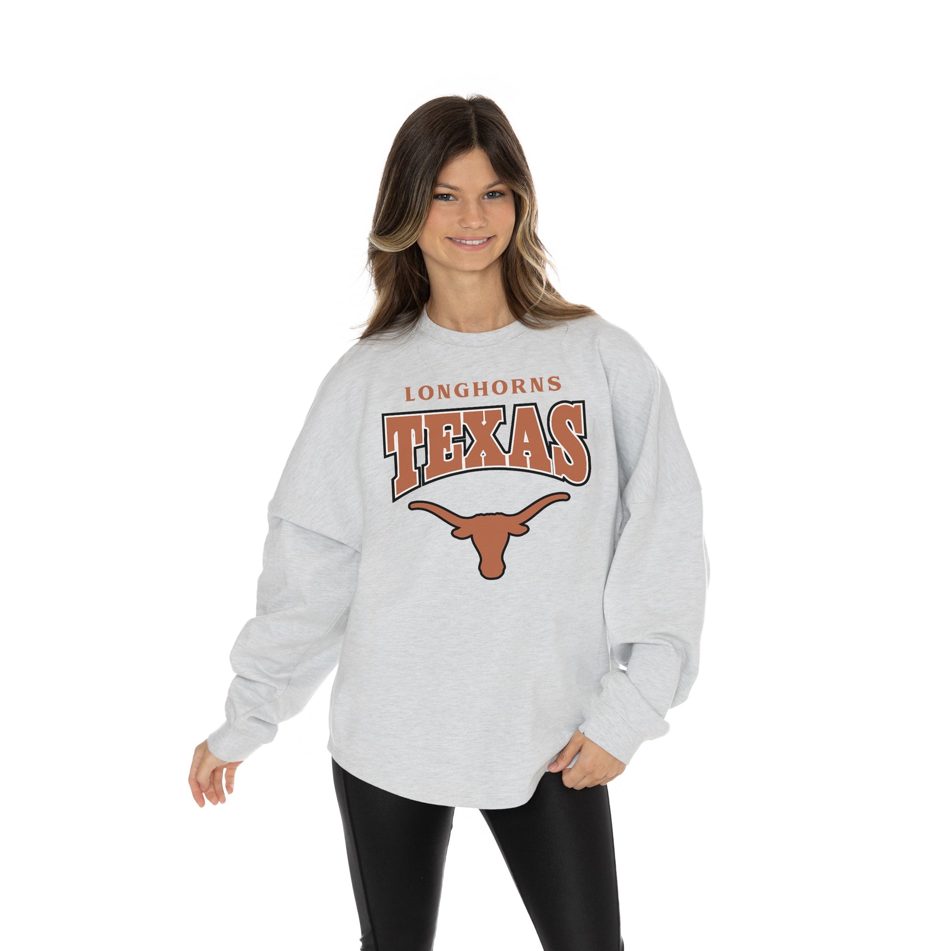 TEXAS LONGHORNS FIGHTING SPIRIT RELAXED FIT HEATHERED LONG SLEEVE FRENCH TERRY PULLOVER WITH RIBBED CUFF AND NECKLINE DETAIL