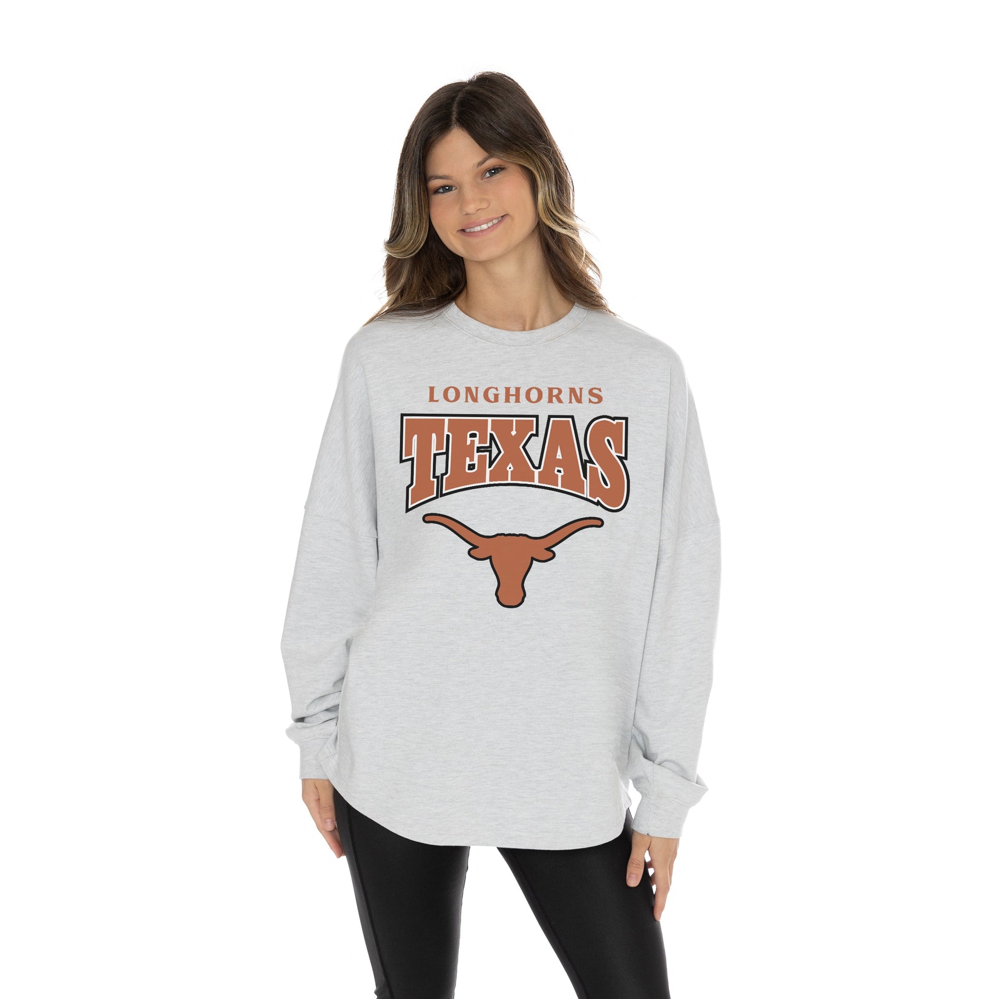 TEXAS LONGHORNS FIGHTING SPIRIT RELAXED FIT HEATHERED LONG SLEEVE FRENCH TERRY PULLOVER WITH RIBBED CUFF AND NECKLINE DETAIL