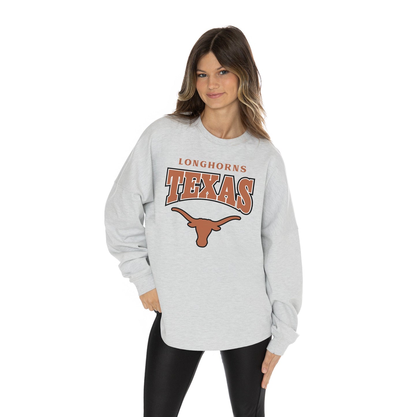 TEXAS LONGHORNS FIGHTING SPIRIT RELAXED FIT HEATHERED LONG SLEEVE FRENCH TERRY PULLOVER WITH RIBBED CUFF AND NECKLINE DETAIL