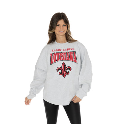 LOUISIANA RAGIN' CAJUNS FIGHTING SPIRIT RELAXED FIT HEATHERED LONG SLEEVE FRENCH TERRY PULLOVER WITH RIBBED CUFF AND NECKLINE DETAIL