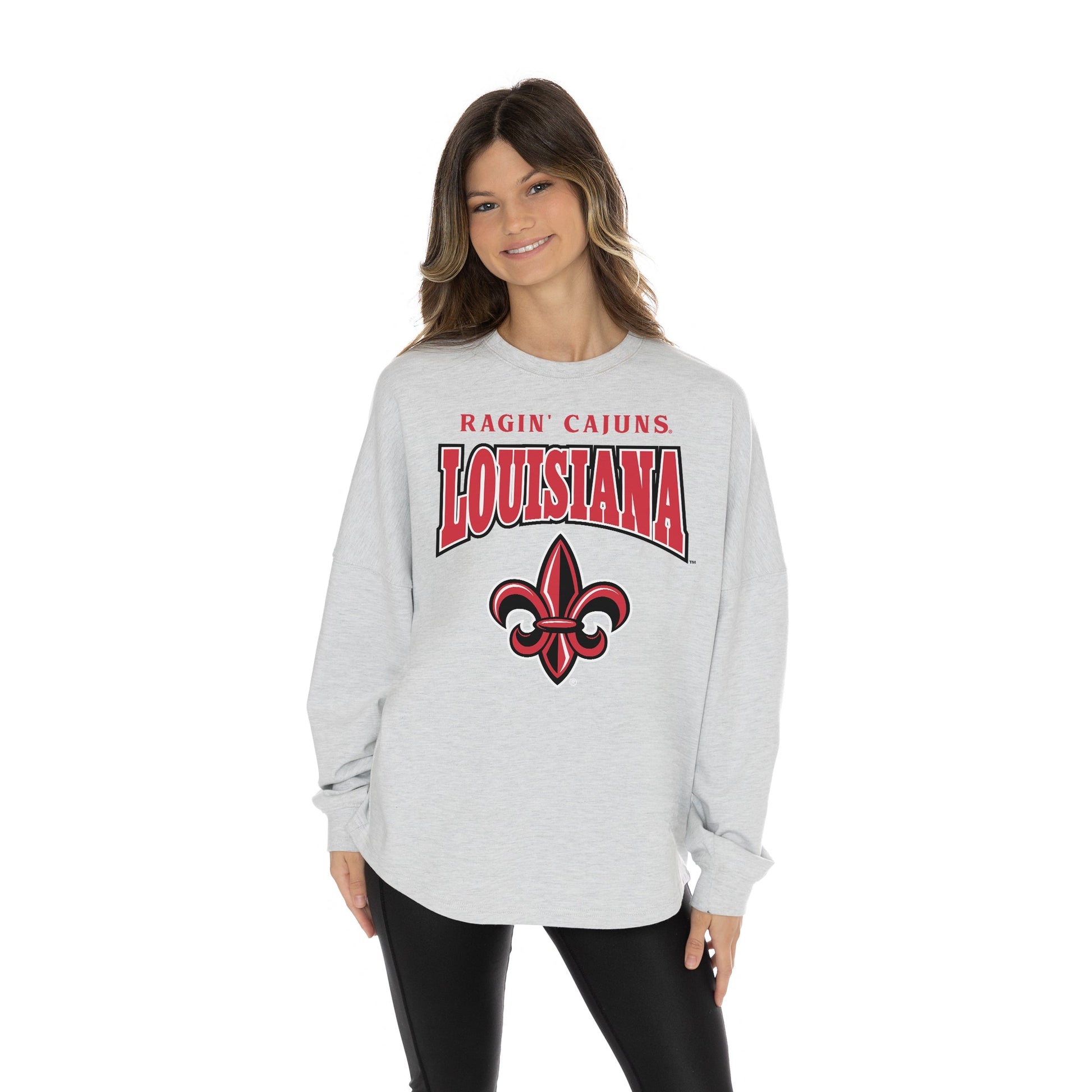 LOUISIANA RAGIN' CAJUNS FIGHTING SPIRIT RELAXED FIT HEATHERED LONG SLEEVE FRENCH TERRY PULLOVER WITH RIBBED CUFF AND NECKLINE DETAIL