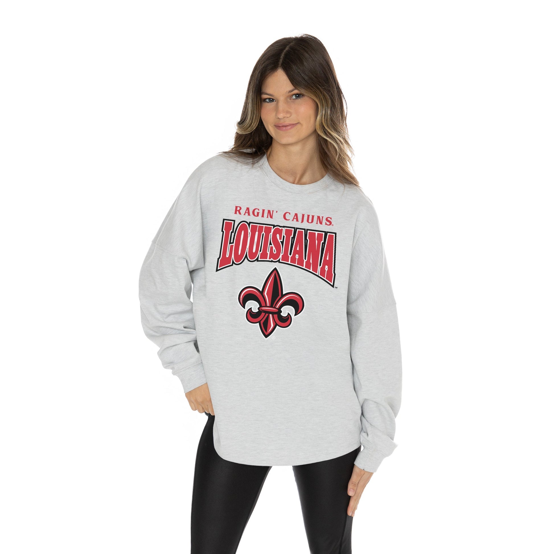 LOUISIANA RAGIN' CAJUNS FIGHTING SPIRIT RELAXED FIT HEATHERED LONG SLEEVE FRENCH TERRY PULLOVER WITH RIBBED CUFF AND NECKLINE DETAIL
