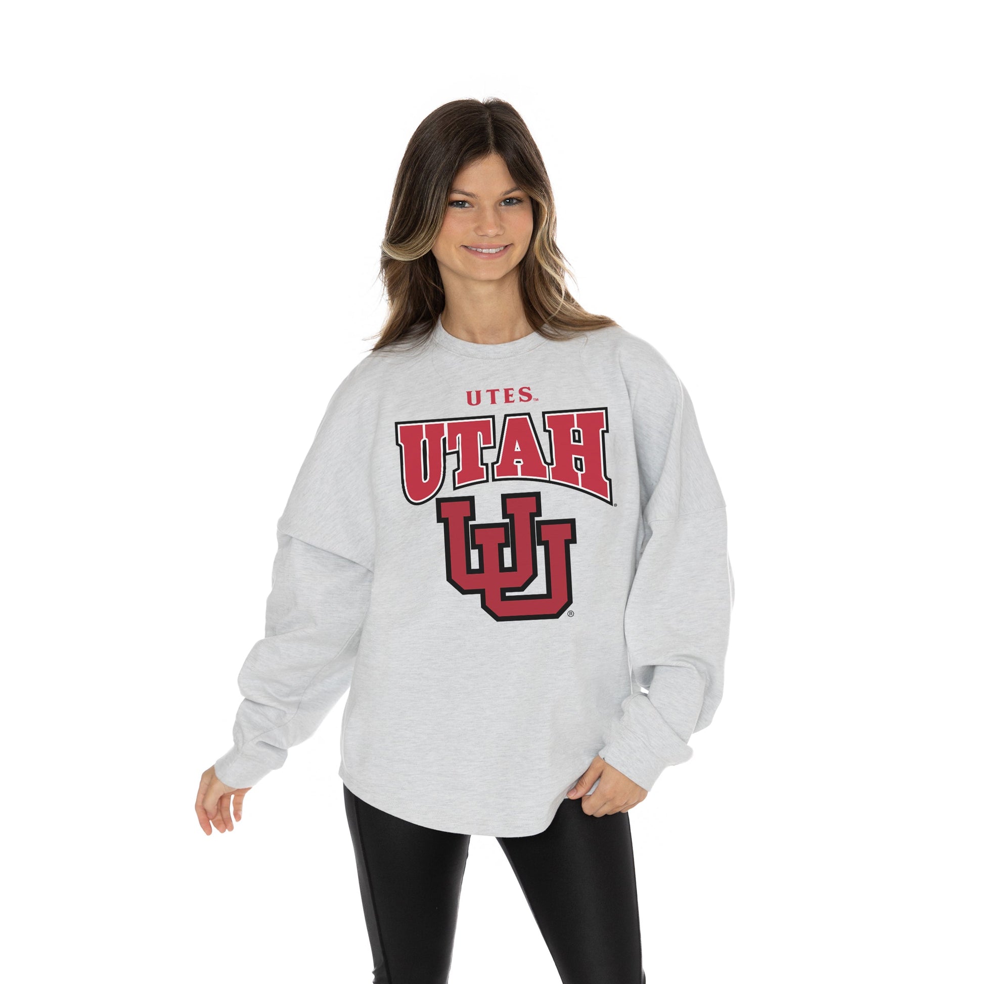 UTAH UTES FIGHTING SPIRIT RELAXED FIT HEATHERED LONG SLEEVE FRENCH TERRY PULLOVER WITH RIBBED CUFF AND NECKLINE DETAIL