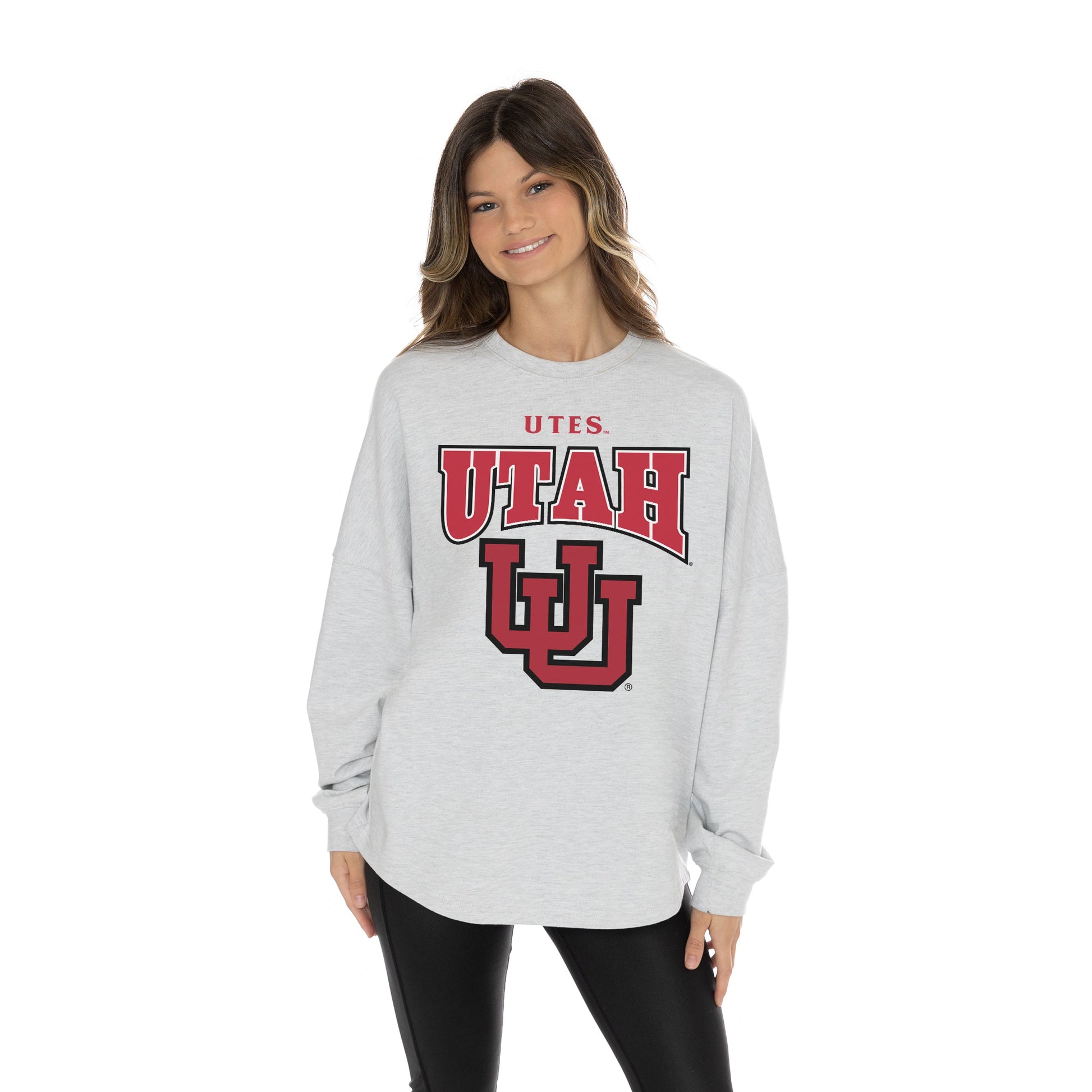 UTAH UTES FIGHTING SPIRIT RELAXED FIT HEATHERED LONG SLEEVE FRENCH TERRY PULLOVER WITH RIBBED CUFF AND NECKLINE DETAIL