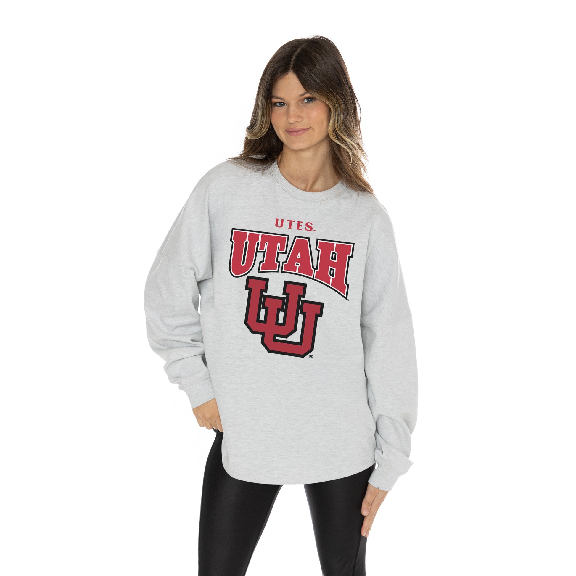 UTAH UTES FIGHTING SPIRIT RELAXED FIT HEATHERED LONG SLEEVE FRENCH TERRY PULLOVER WITH RIBBED CUFF AND NECKLINE DETAIL