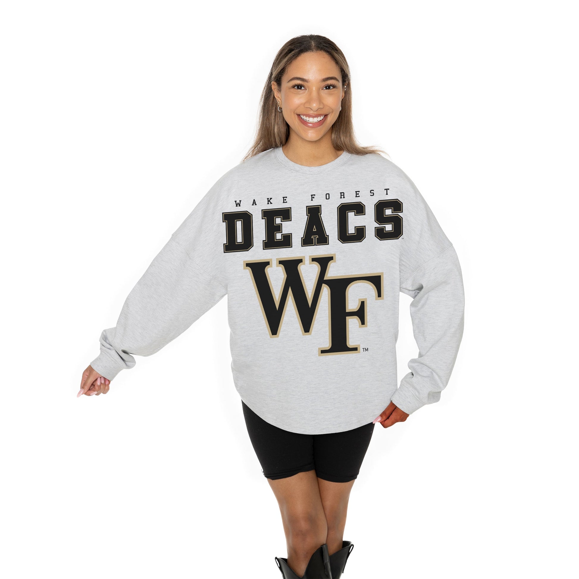 WAKE FOREST DEMON DEACONS BIG GOALS RELAXED FIT HEATHERED LONG SLEEVE FRENCH TERRY PULLOVER WITH RIBBED CUFF AND NECKLINE DETAIL