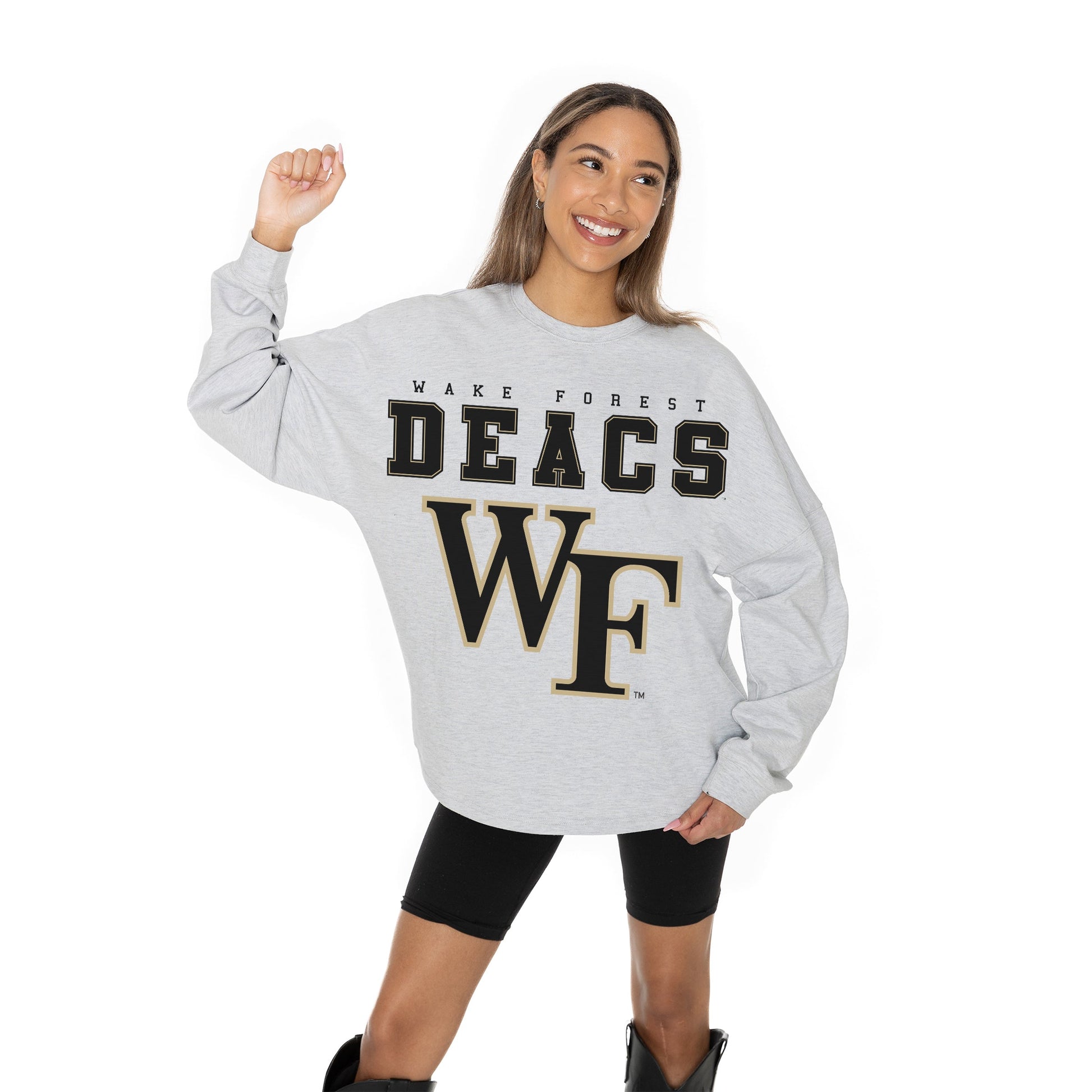 WAKE FOREST DEMON DEACONS BIG GOALS RELAXED FIT HEATHERED LONG SLEEVE FRENCH TERRY PULLOVER WITH RIBBED CUFF AND NECKLINE DETAIL